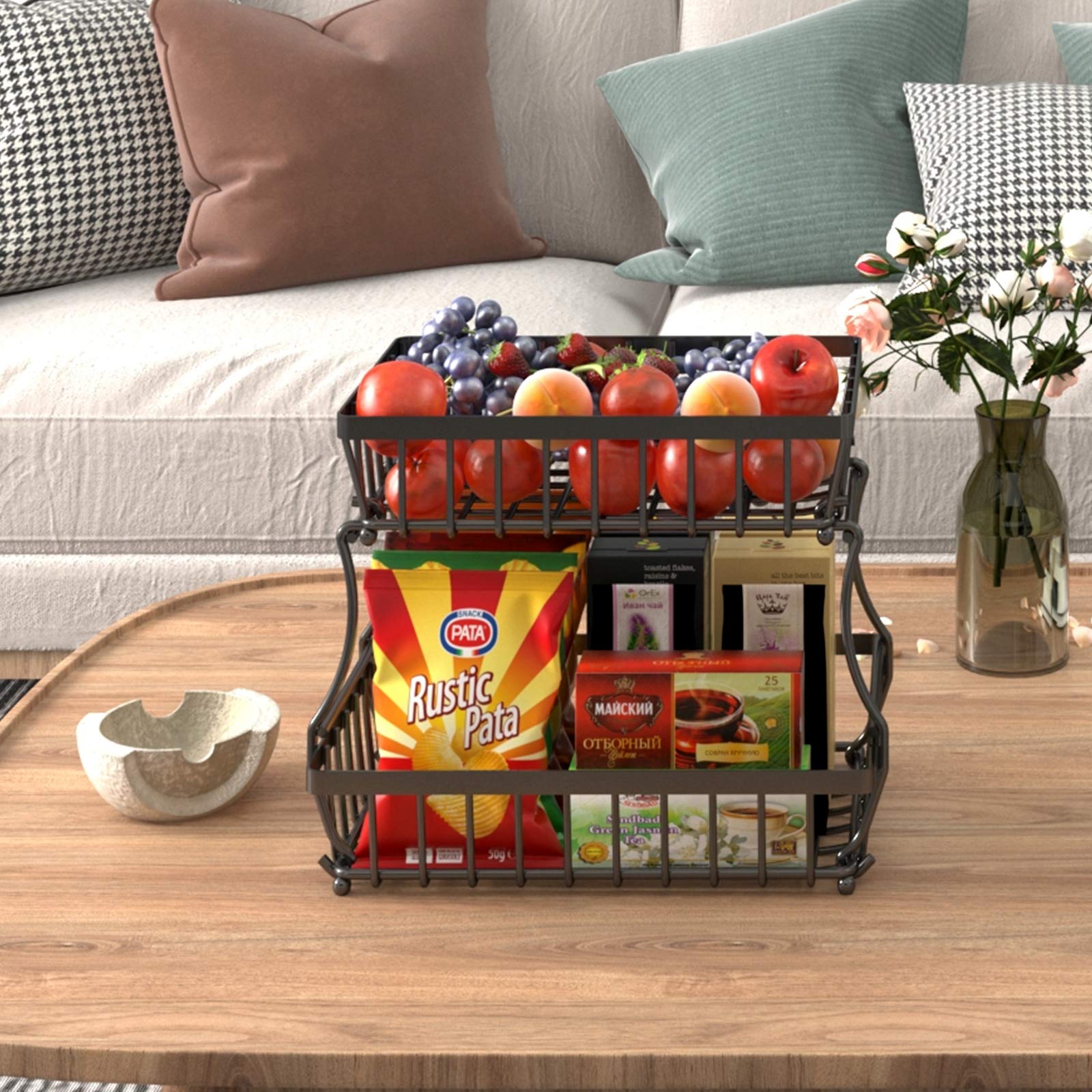 Apsan 2 Tier Fruit Basket, Countertop Fruit Vegetable Basket Bowl for Kitchen Counter, Detachable Metal Wire Storage Basket Fruits Stand Holder Organizer for Bread Snack Veggies Produce,Black
