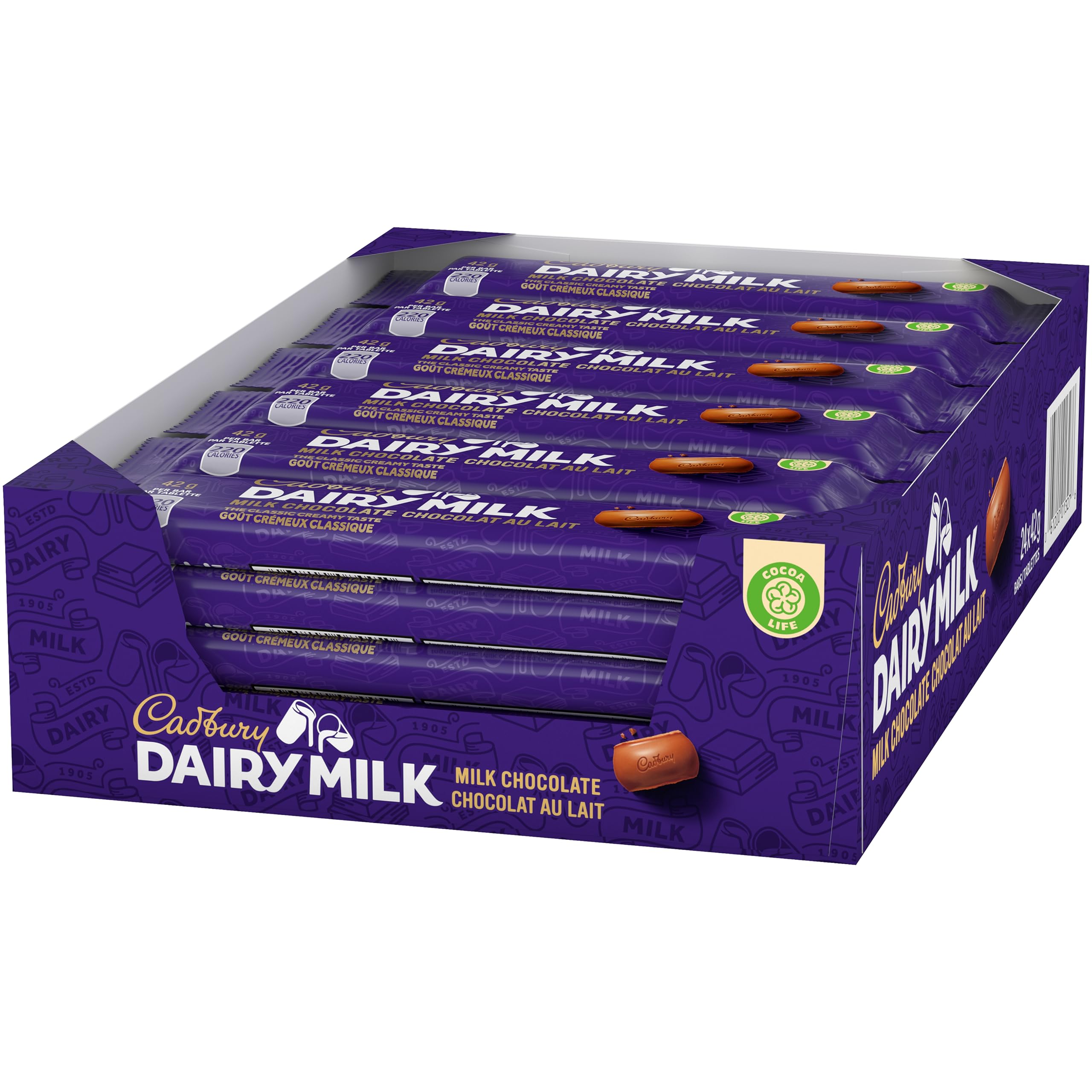Cadbury Cholocate Bar, Regular Size 42g/Bar (Dairy Milk Milk Chocolate, 24 Packs)
