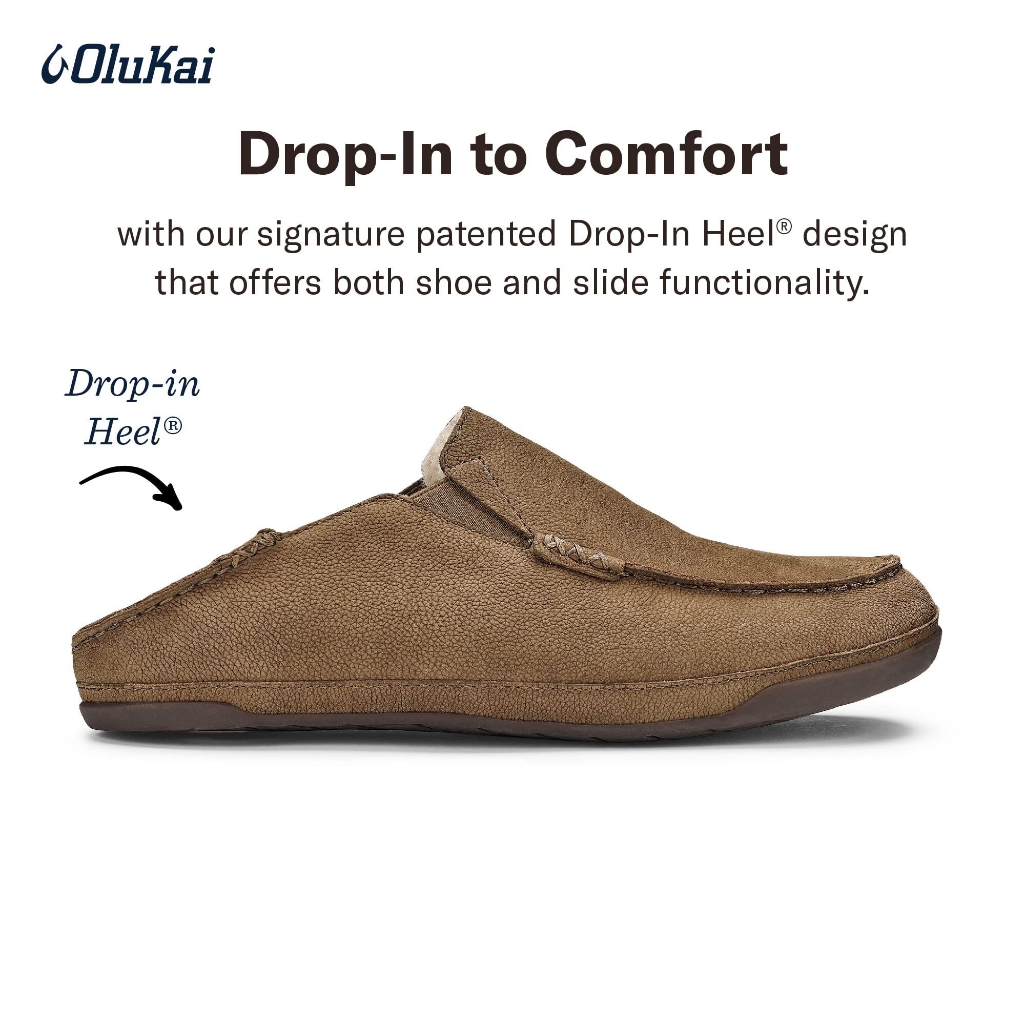 OLUKAI Kipuka Hulu Men's Leather Slippers, Premium Nubuck Leather Slip On Shoes, Shearling Lining & Gel Insert, Drop-In Heel Design, Toffee/Toffee, 7