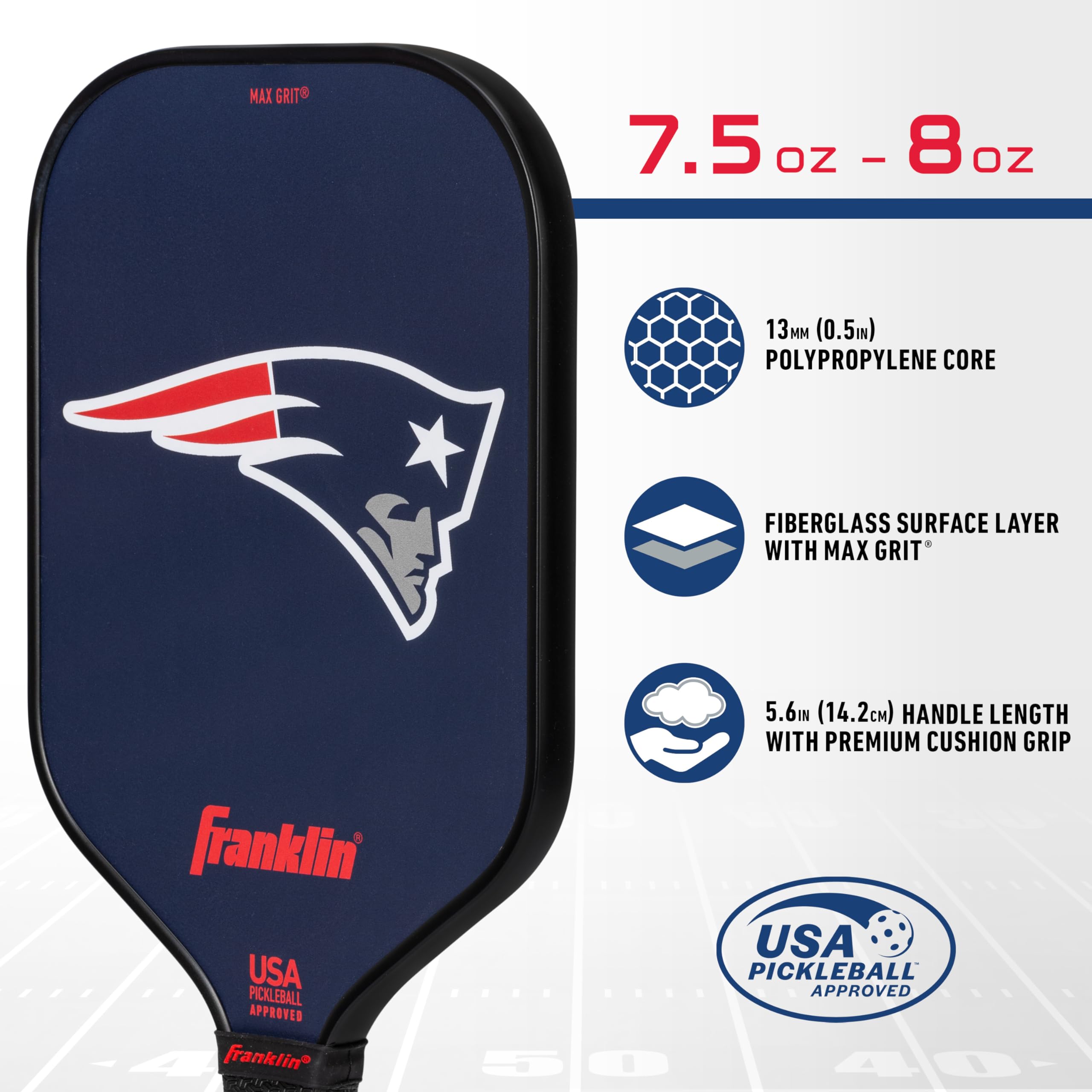 Franklin Sports NFL New England Patriots Pickleball Paddle - Pickleball X - Polypropylene Core, Team Logo - NFL Official Licensed Product