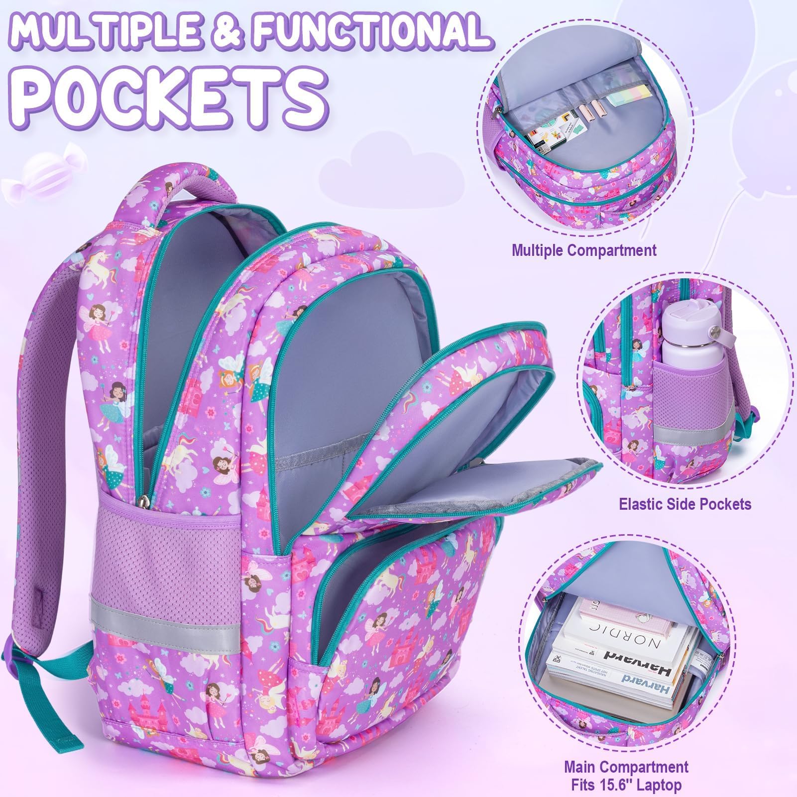 Fimibuke Kid Backpack for School Girl - 3PCS Waterproof Toddler School Bag Cute Bookbag Set with Lunch Box & Pencil Case for Preschool Kindergarten Elementary Back to School Student Ages 3-12, Rainbow