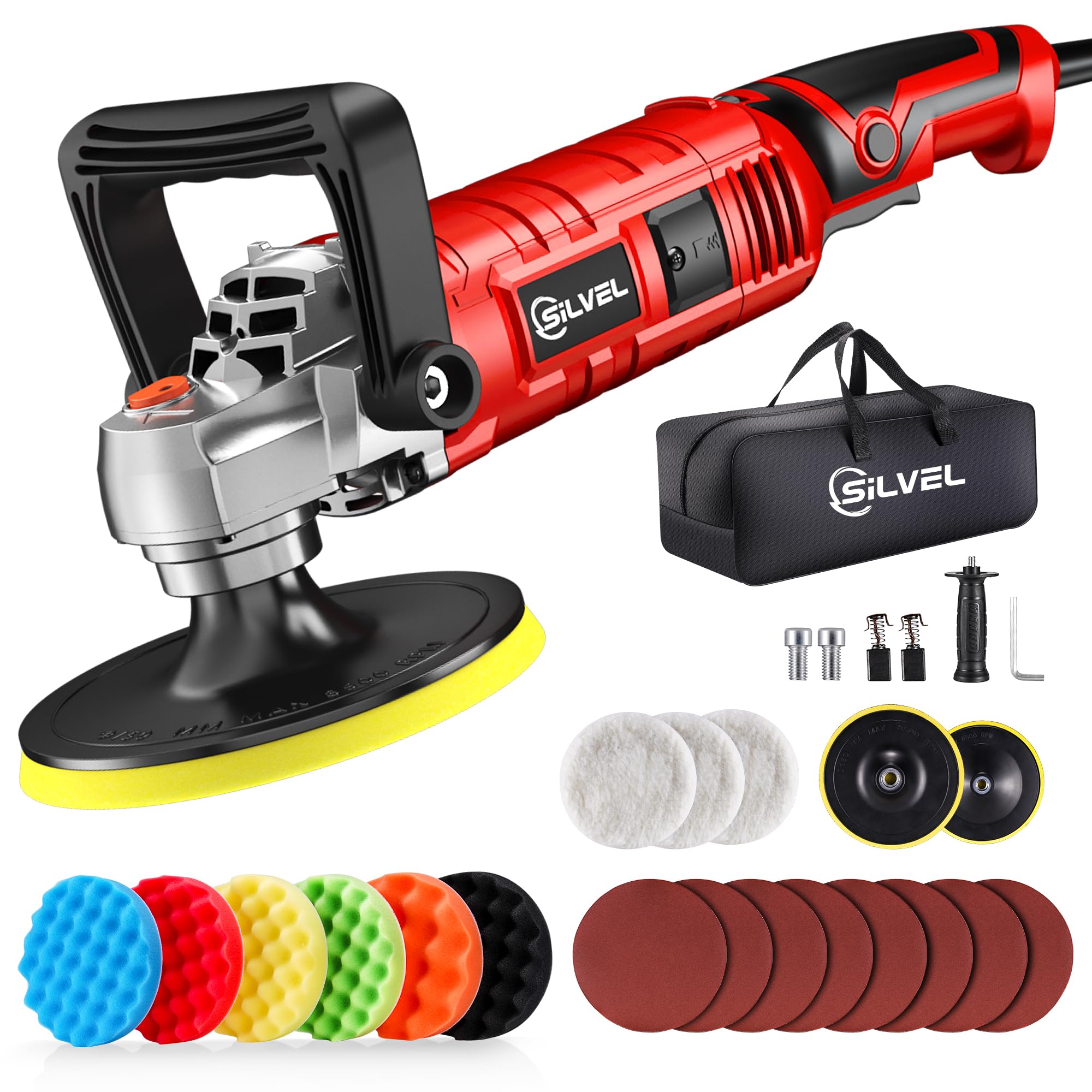 SILVEL Buffer Polisher, 1600W 7 Inch/6 Inch Polisher for Car Detailing, Wax Machine, 7 Variable Speed, with 6 Foam Pads, 3 Wool Pads, Packaging Bag, for Boat Polishing and Waxing