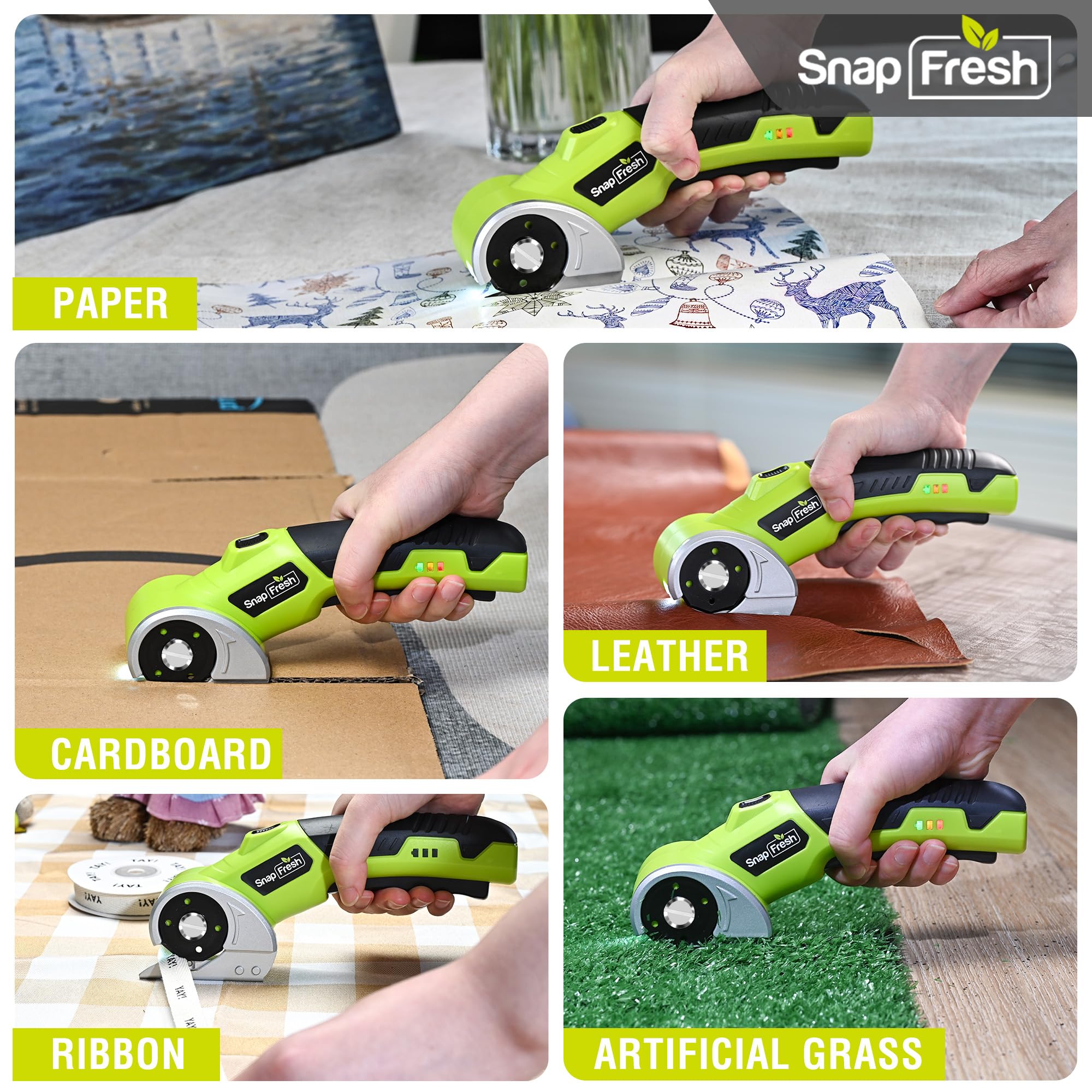 SnapFresh 4V Cordless Electric Scissors, Rechargeable Cardboard Cutter & Box Cutter Rotary Tool, 240 RPM Fabric Carpet Leather Cutter with LED, Extra Blade, 2.0Ah Battery & Storage Bag(SP5091)
