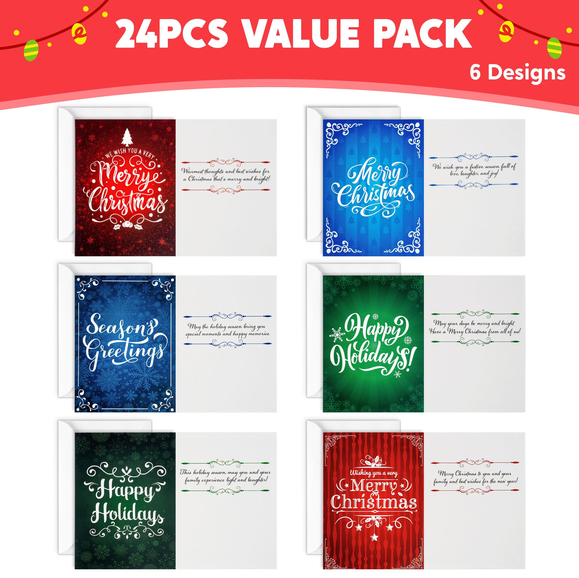 JOYIN 24 PCS Christmas Holiday Greeting Cards Bulk Collection 6 Diverse Coloful Designs Assortment with Envelopes, Elegant Lettering for Merry Christmas Season, present Giving, Xmas Gifts Cards