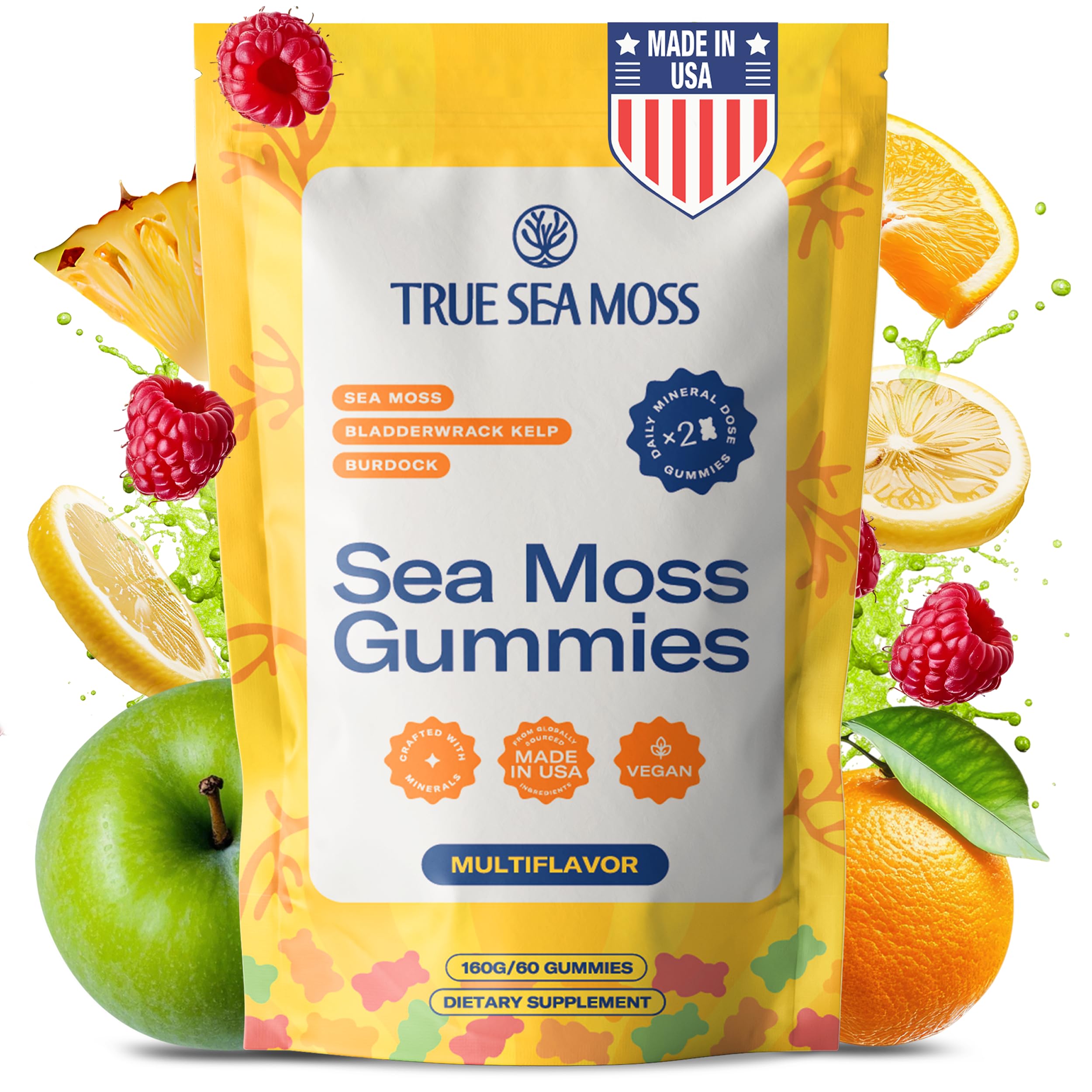 TrueSeaMoss Sea Moss Gummies with Bladderwrack, Burdock Root – Vegan Supplement Sea Vegetables for Adults & Kids – Plant-Based, Fruity Flavor – 60 Gummies Sea, Made in USA - (Pauch May Vary)