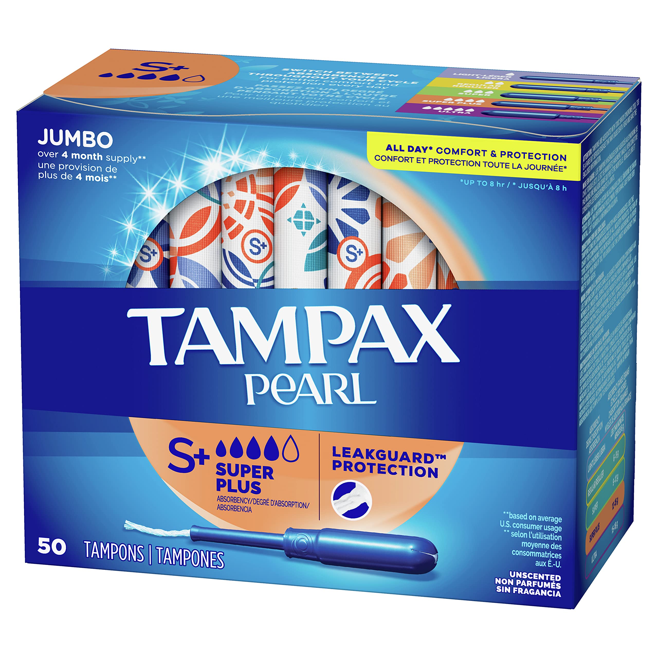 Tampax Pearl Tampons Super Plus Absorbency, With Leakguard Braid, Unscented, 50 Count x 2 (100 Count Total)