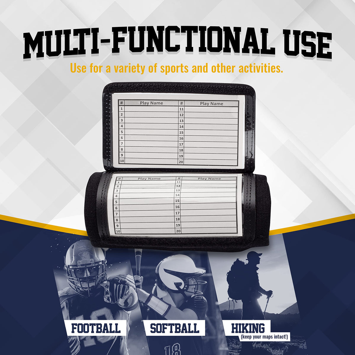 GSM Brands Quarterback (QB) Play Wristband - Adult Size - Pro Football Armband Playbook - 10 Pack (Black)