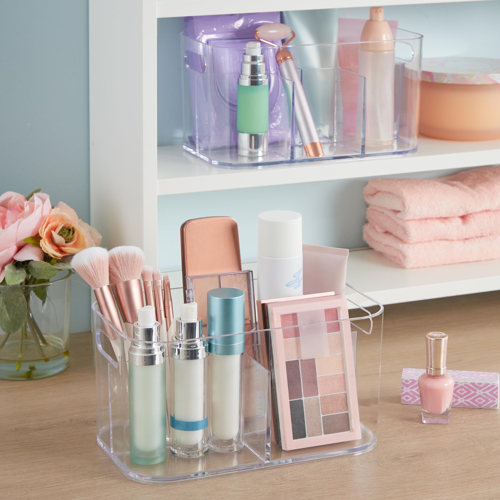 STORi Bliss 5-Compartment Plastic Cosmetics Storage Organizer | Clear | Rectangular Divided Makeup Bin & Vanity Caddy with Pass-Through Handles | Round Corner Design | Made in USA