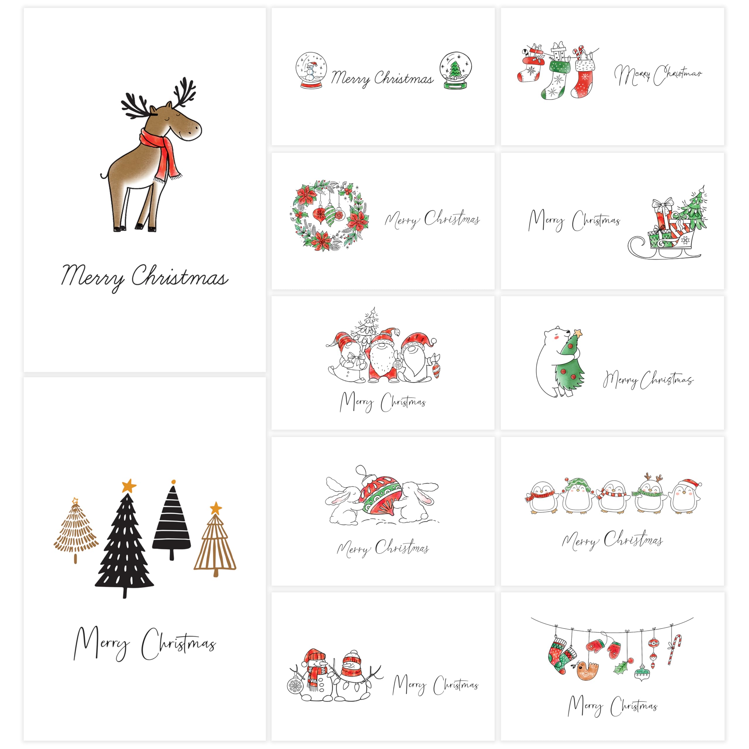 24 Pack Merry Christmas Cards 12 Festive Designs, with Printed White Envelopes, Stickers, and Inside Messages, Christmas Cards Bulk for Family, Friends, Business, Adults, Kids, Boys, and Girls, 4"x6"