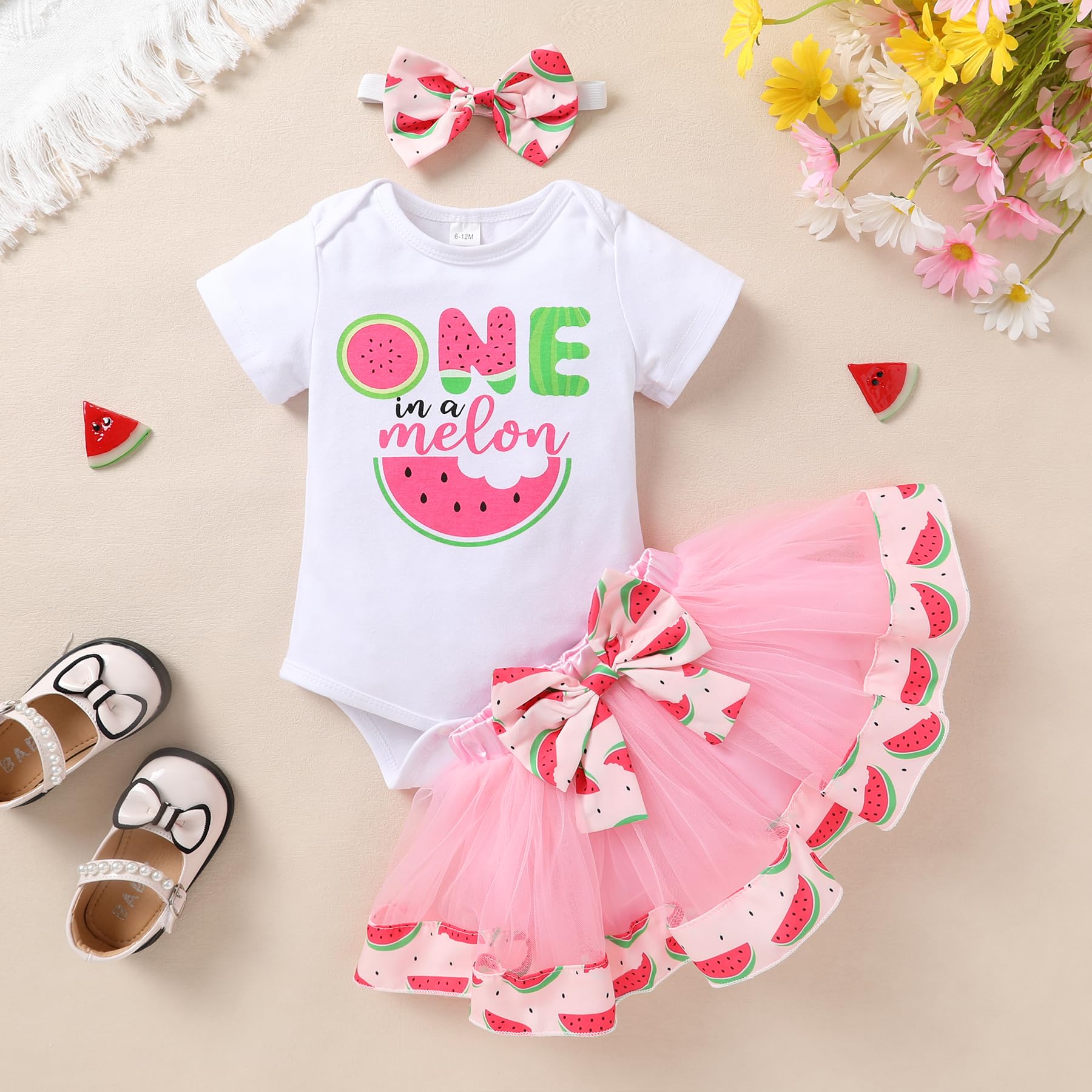 YOUNGER TREE Baby Girls 1st Birthday Outfit Sweet One Romper Donut Candy Bowknot Tutu Skirt Set One Years Old Clothes Birthday Gifts (One in a melon, 12-18 months)