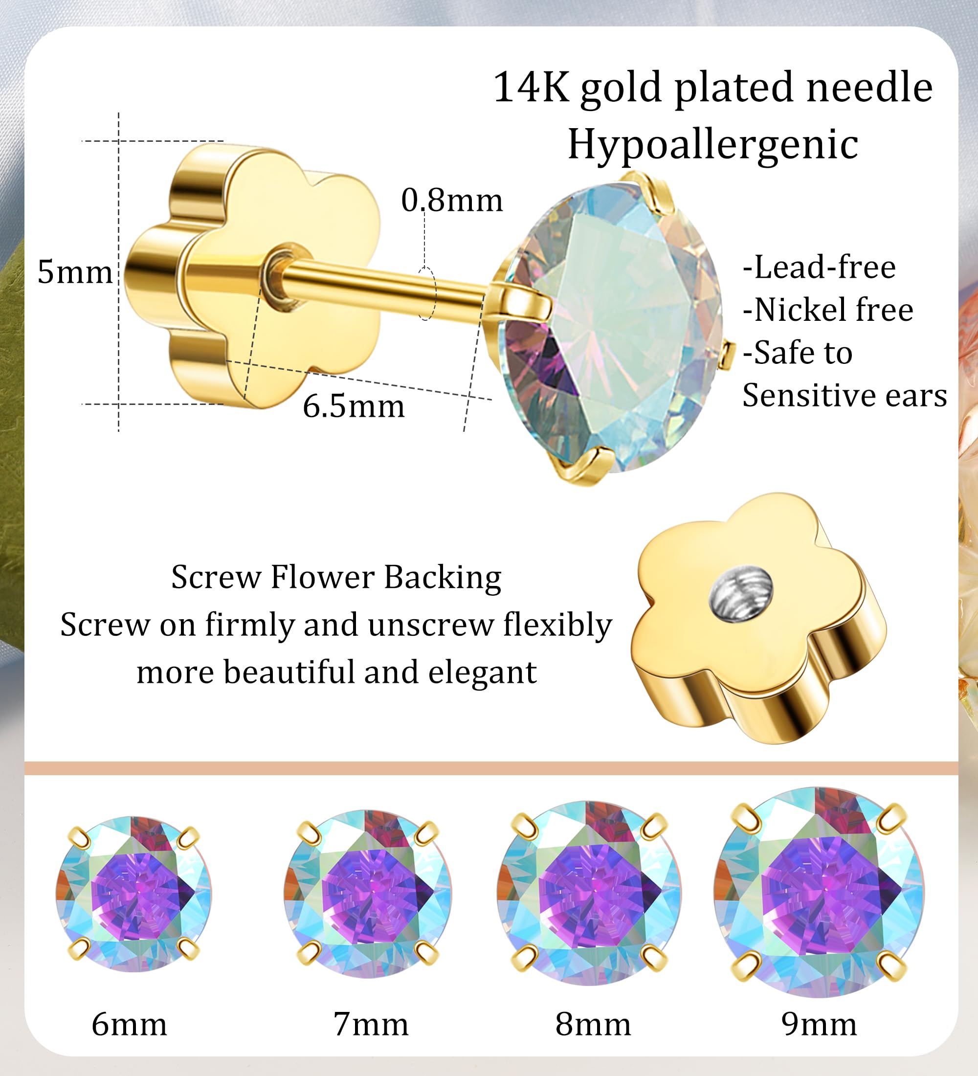 Enticera 4Pairs AB CZ Earrings Studs 14K Gold Flat Back Cubic Zirconia Earrings for Helix Cartilage Piercing Hypoallergenic Screw Back Nap Earrings Handmade Earrings for Women Multiple Piercin Gold6-9