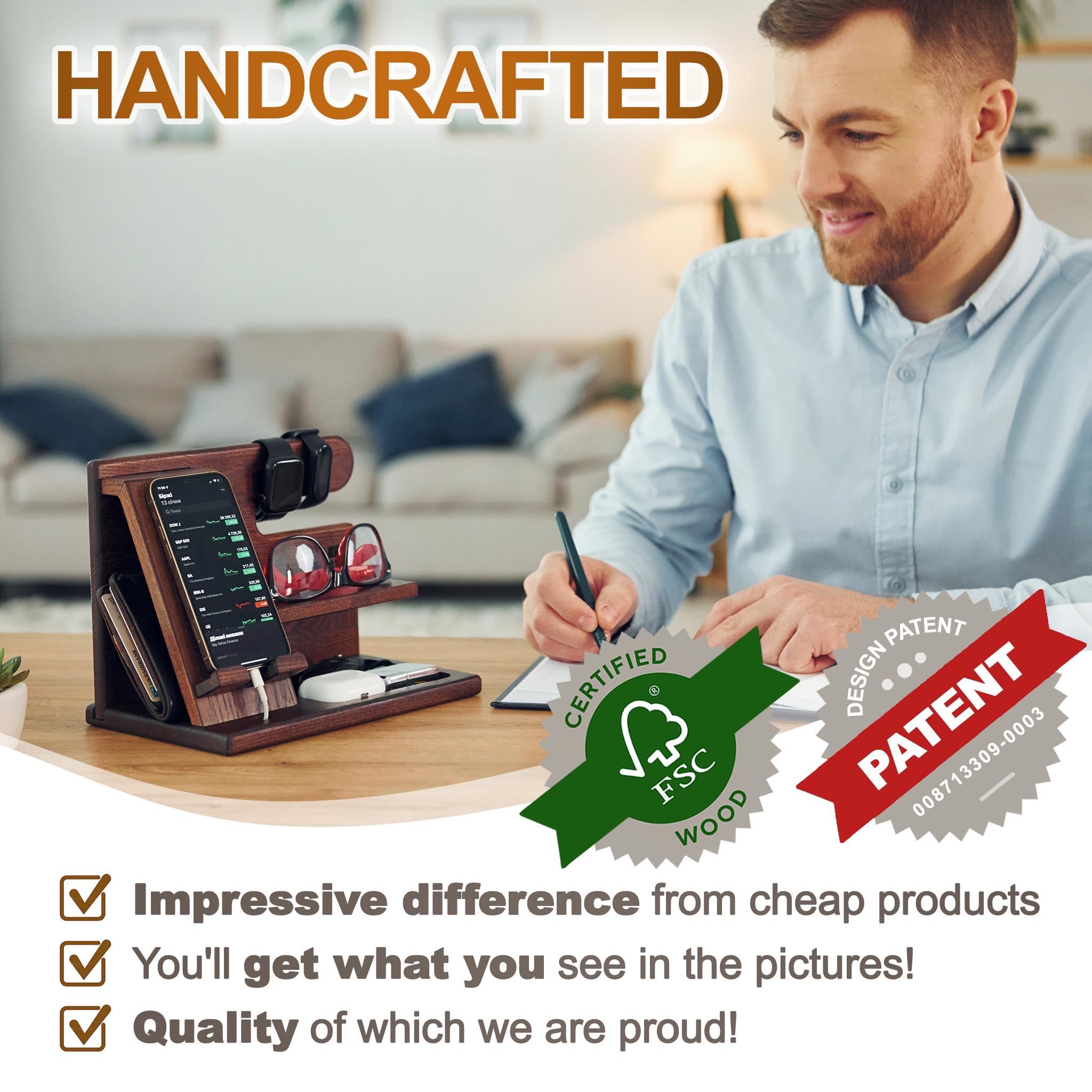 TESLYAR Wood Phone Docking Station - Nightstand Organizer - Desk Organizer for Husband - Birthday Gifts for Men, Dad - Idea for Anniversary from Wife - Key Holder - Stand Wallet & Watch (Deep Brown)