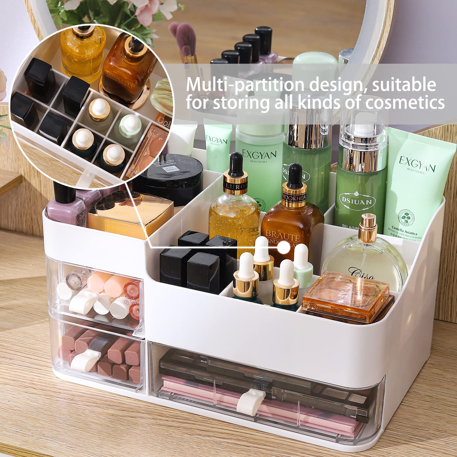 White Makeup Organizer With 3 Drawers,Large Capacity Plastic Cosmetic Storage Organizer for Dresser and Vanity,Ideal for Beauty,Perfume,Brushes,Skincare Bathroom Organizers and Storage Counter