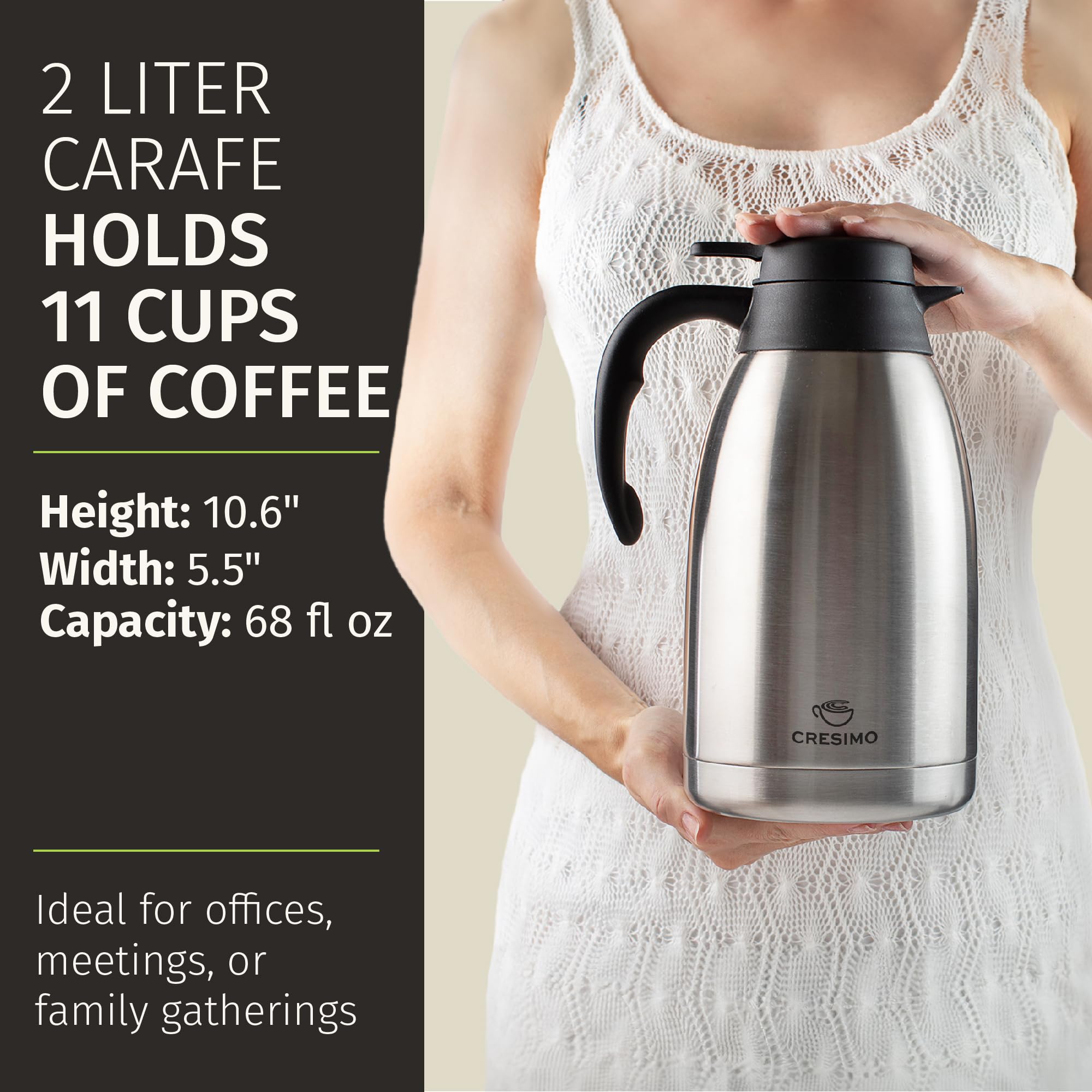 Thermal Coffee Carafe 68oz / 2L - 12 Hours Hot Beverage Dispenser, Insulated Stainless Steel Carafe for Hot Liquids, Coffee Carafes For Keeping Hot Coffee Dispenser for Parties -Large Tea Carafe Flask