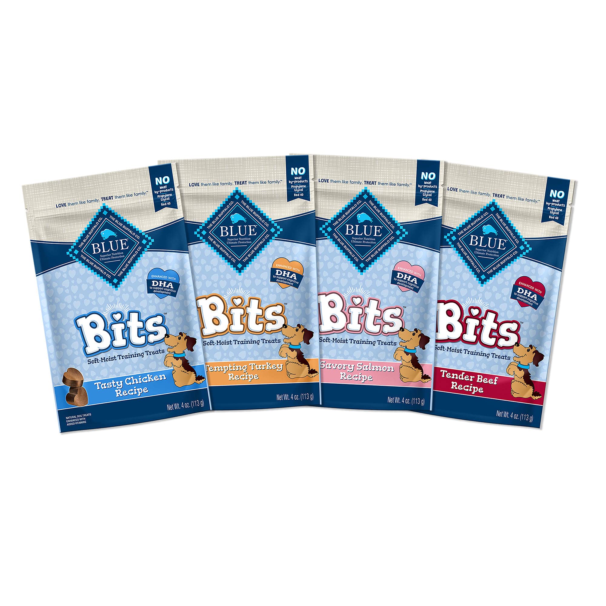 Blue Buffalo BLUE Bits Natural Soft-Moist Training Dog Treats, Beef, Salmon, Turkey, and Chicken Recipes 4-oz Variety Pack, 4Ct