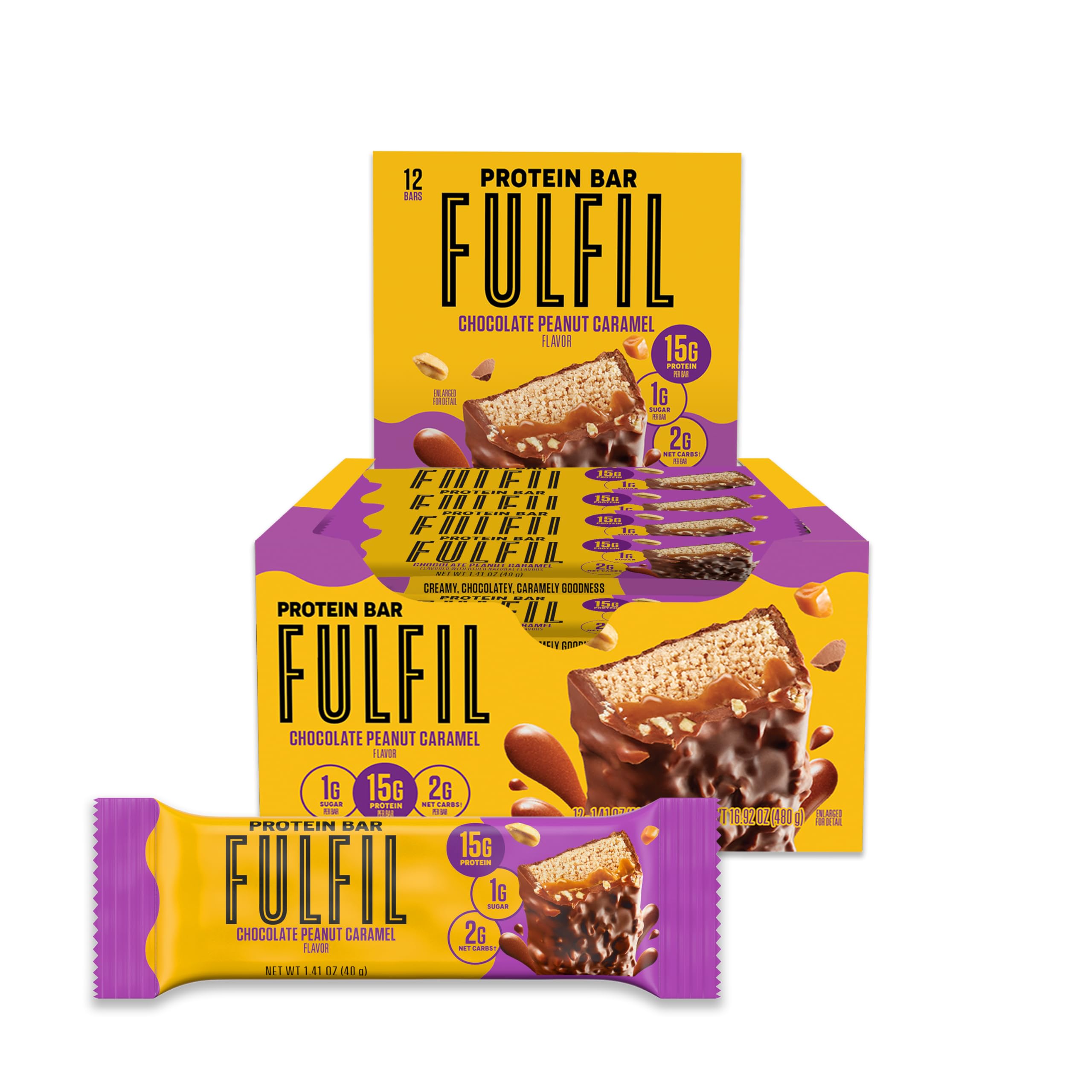 FULFIL Protein Snack Bars, NEW Recipe Chocolate Peanut Caramel, 15g Protein, Pantry Staples, 12 Count, Packaging May Vary