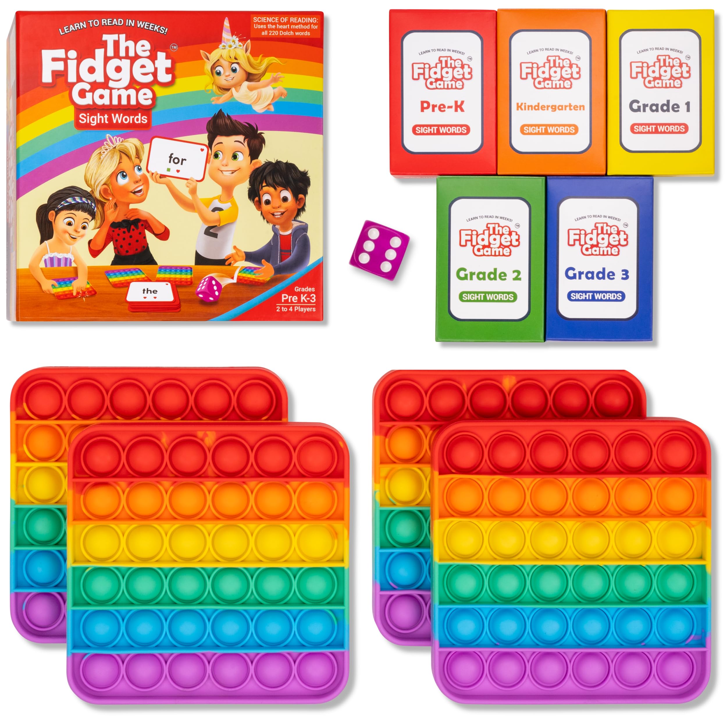 The Fidget Game Learn to Read in Weeks Master 220 High-Frequency Dolch Sight Words Curriculum-Appropriate Reading Game for Pre-K to Grade 3 - NO-Letters Popping Mats & Dice