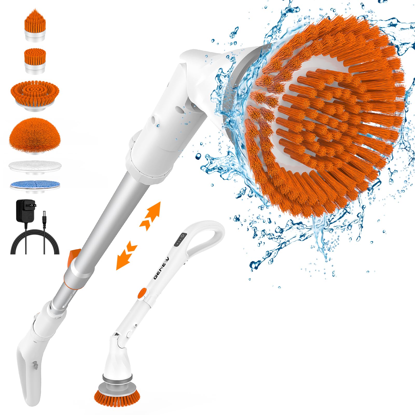 Electric Spin Scrubber - Cordless Spin Scrubber for Cleaning, Power Scrubber for Bathroom with 6 Replaceable Brush Heads & Adjustable Extension Handle, Electric Cleaning Brush for Tub, Car, Floor
