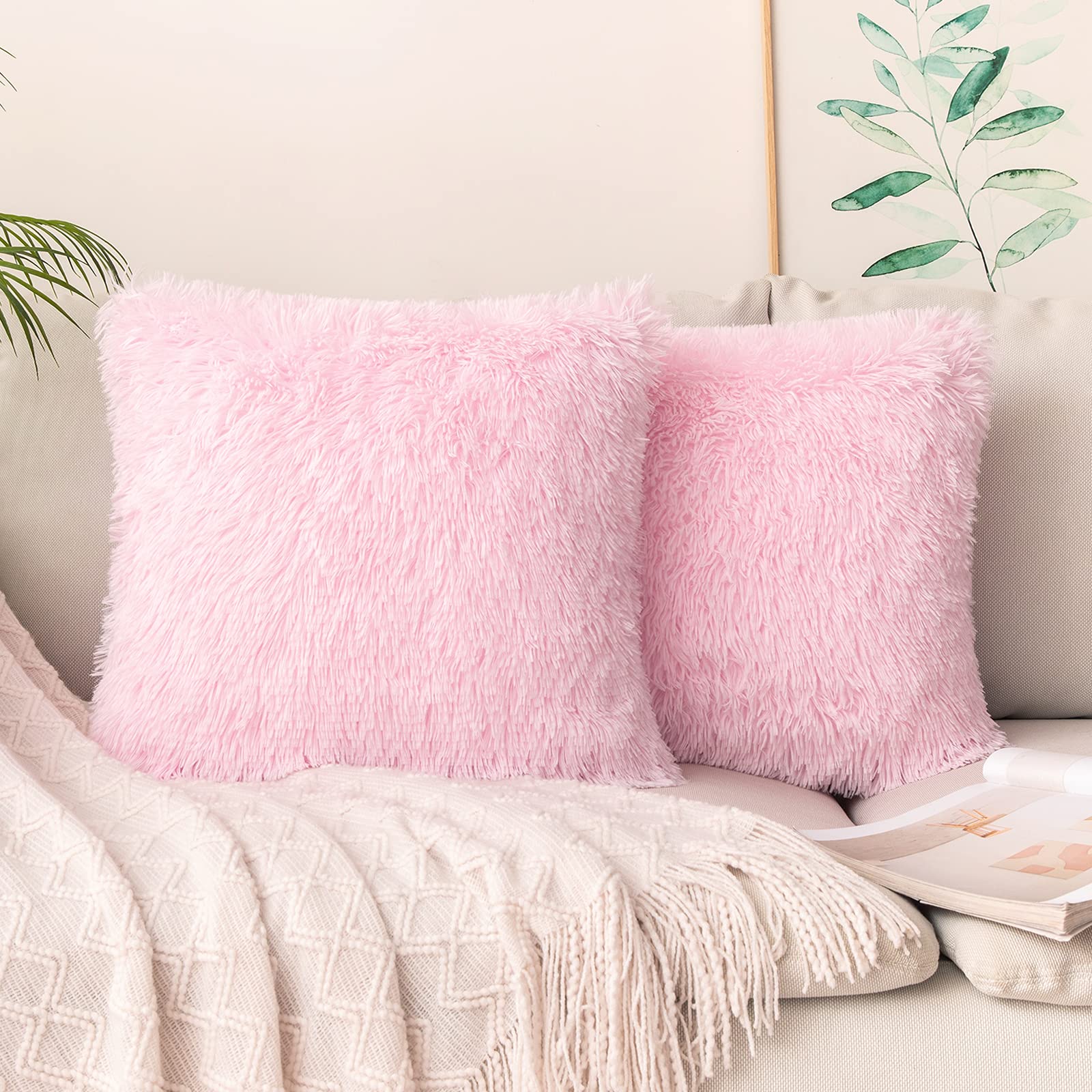 MIULEE Pack of 2 Luxury Faux Fur Throw Pillow Cover Deluxe Spring Cute Valentine's Day Pillow Covers Decorative Plush Pillow Case Cushion Cover Shell for Sofa Bedroom Car 18 x 18 Inch Pink