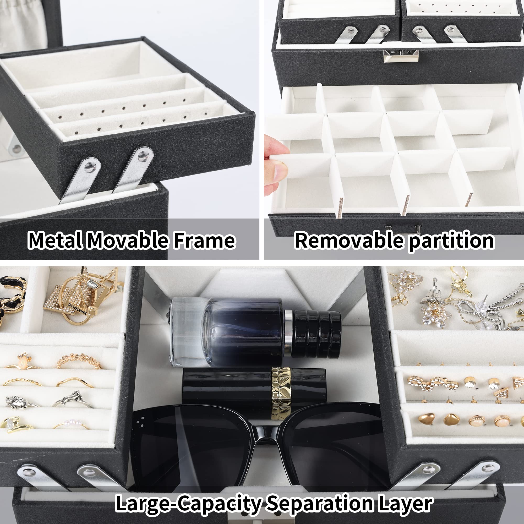 Dajasan Jewelry Boxes for Women Girls, Jewelry Organizer Box, 4 Layers Large Jewelry Storage Organizer for Earring, Ring, Necklace, Bracelets (Black)