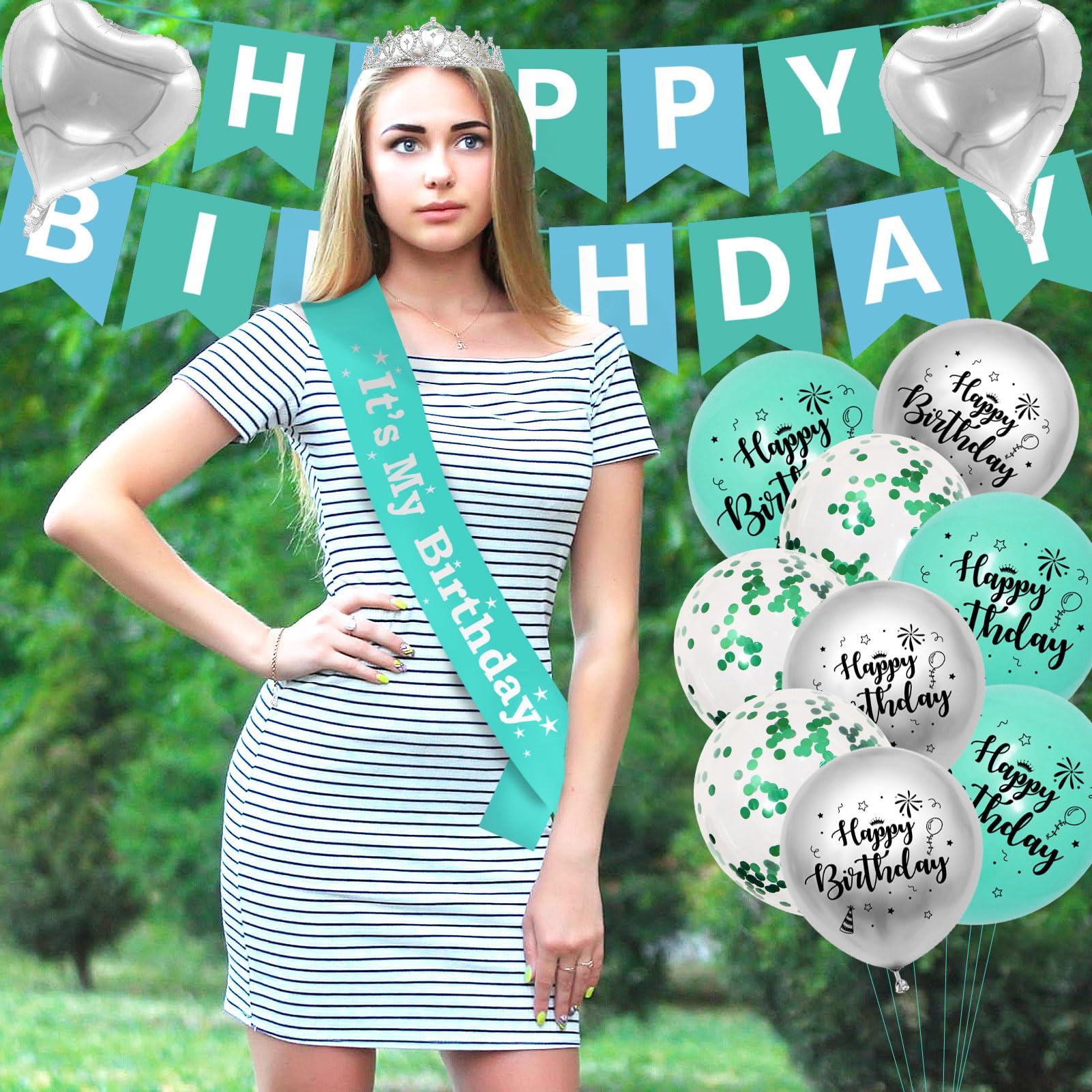 SKJIAYEE Teal Birthday Party Decorations for Girls Women, Silver Birthday Crown and Heart Star Foil Balloons, Happy Birthday Banner and Cake Topper, "It's My Birthday" Sash (Teal + Silver)