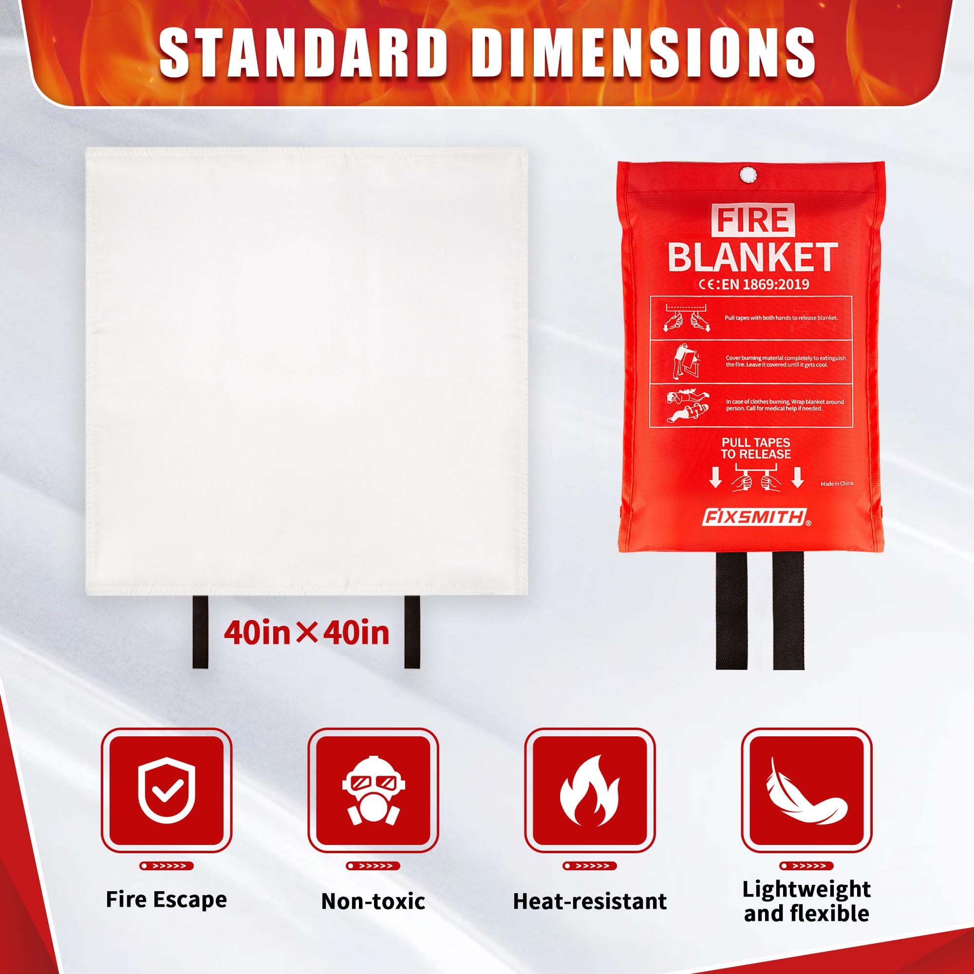 FIXSMITH Fire Blanket for Home and Kitchen, Emergency Fire Blanket, Flame Suppression Fiberglass Fire Blankets for House Camping Car Office Warehouse Emergency Survival Safety- 40 in x 40 in