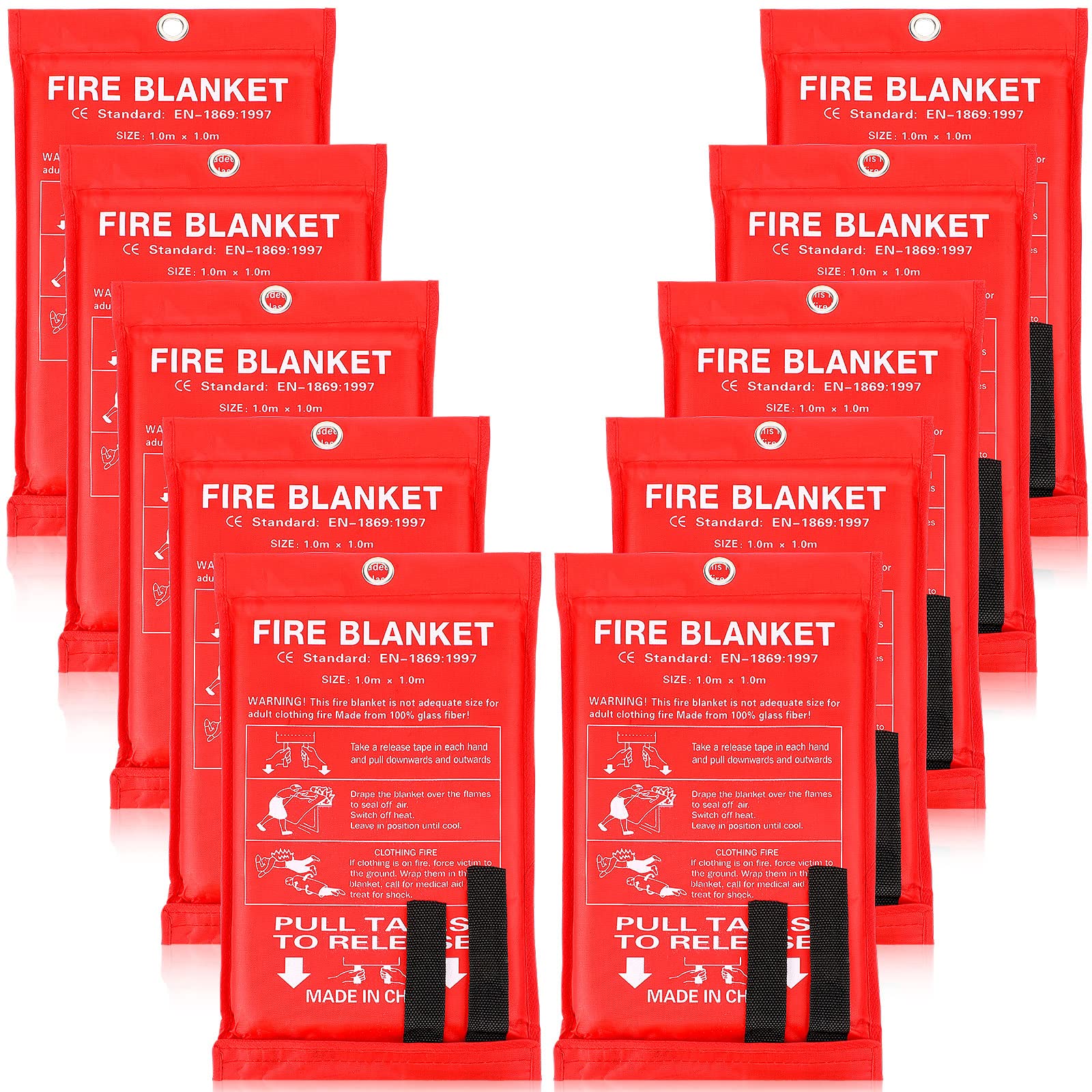 Macarrie 10 Pack 39” x 39” Fire Blanket Emergency Fire Blanket for Home Kitchen Safety Suppression Blanket Survival(Red)