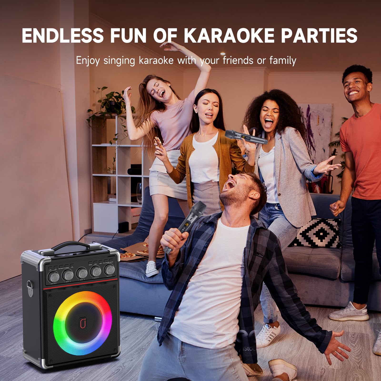 Karaoke Machine with 2 Microphones: HWWR Portable Karaoke Machine for Adults Kids, Bluetooth Karaoke Speaker with Bass/Treble Adjustment, PA System with Remote Control/LED Lights, Support REC/USB/AUX
