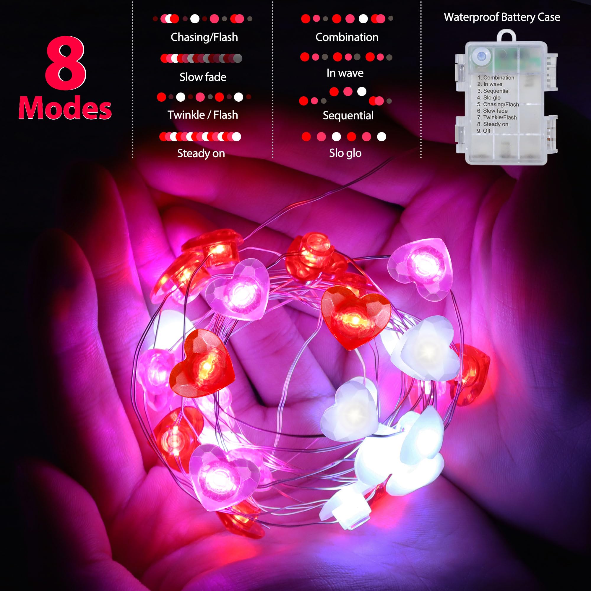 Valentines Day Decor 10FT 30 LED Valentine's Day Lights with Timer, Red Pink White Heart Lights String Battery Operated, 8 Modes Valentines Decorations Heart Fairy Lights Romantic Decor Home Bedroom