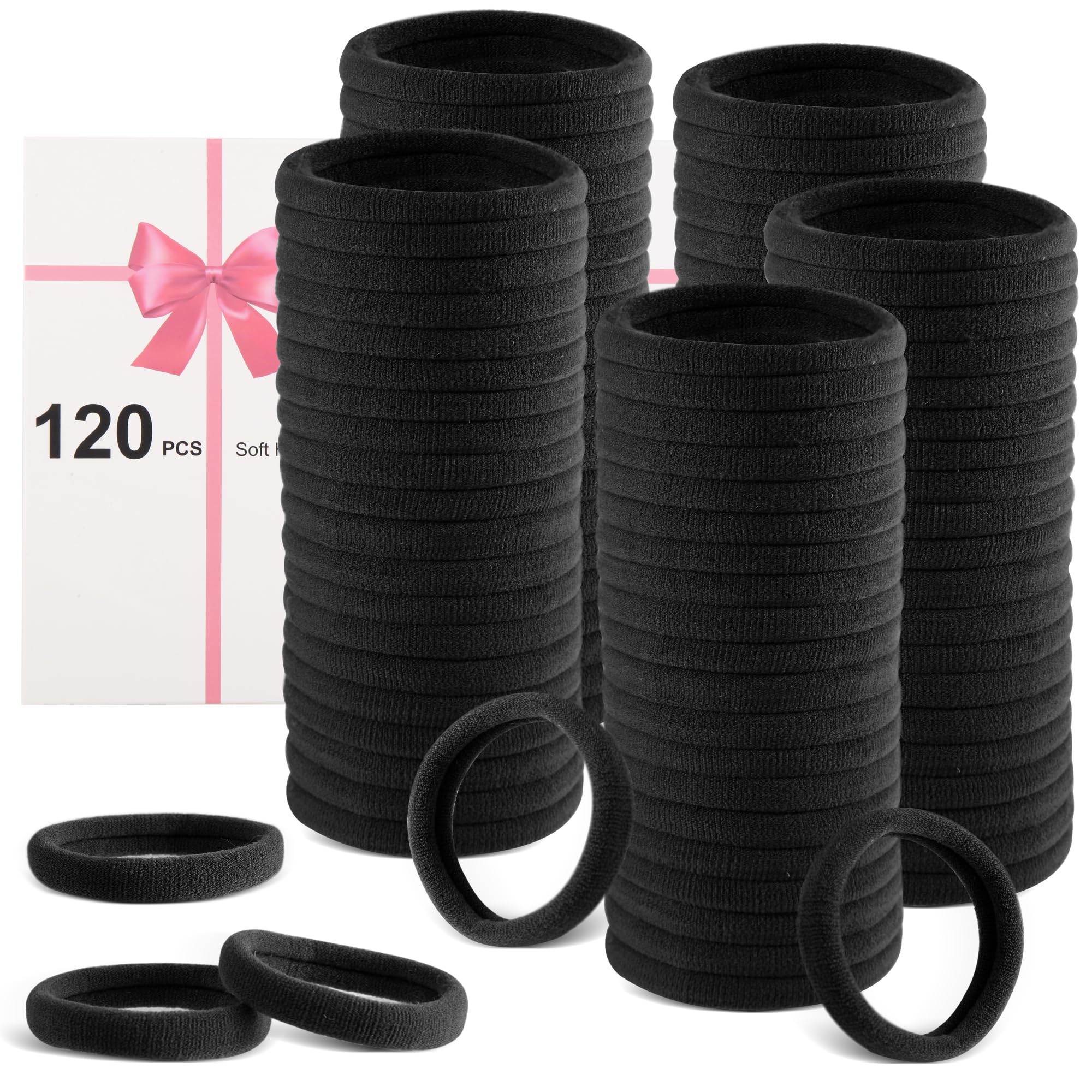 TAOVEN 120 Pcs Black Hair Ties No Damage for Women, Ponytail Holders for Thick Hair, Seamless Cloth Fabric Soft Hair Bands for Women's Hair, Hair Elastics Pony Tails Hair Tie Hair Band (Black)