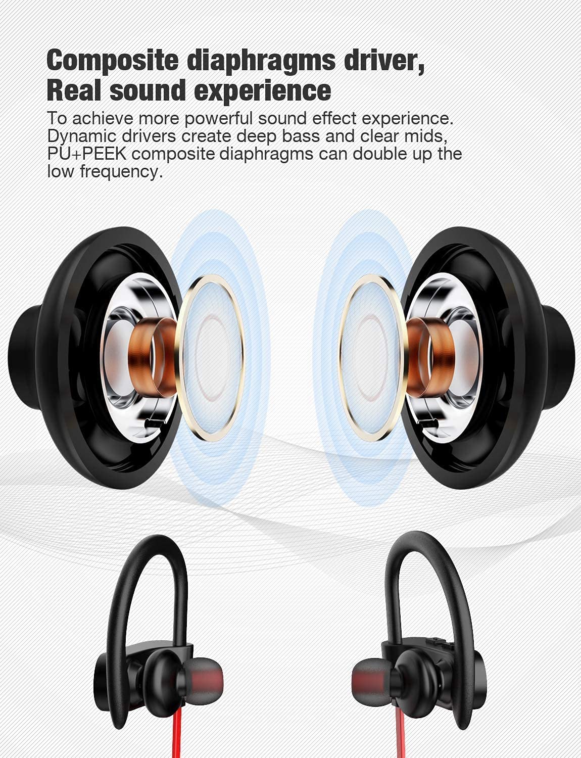 Otium Bluetooth Headphones, Wireless Earbuds IPX7 Waterproof Sports Earphones with Mic HD Stereo Sweatproof in-Ear Earbuds Gym Running Workout 15 Hour Battery Sound Isolation Headsets