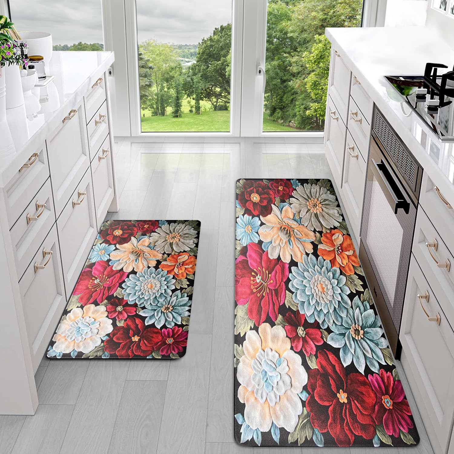 Sofort Kitchen Mats for Floor Cushioned Anti-Fatigue Kitchen Rugs, Set of 2 Boho Floral Kitchen Mats and Rugs, Non-Slip Waterproof Comfort Standing Mats for Kitchen, Laundry, Sink, Office