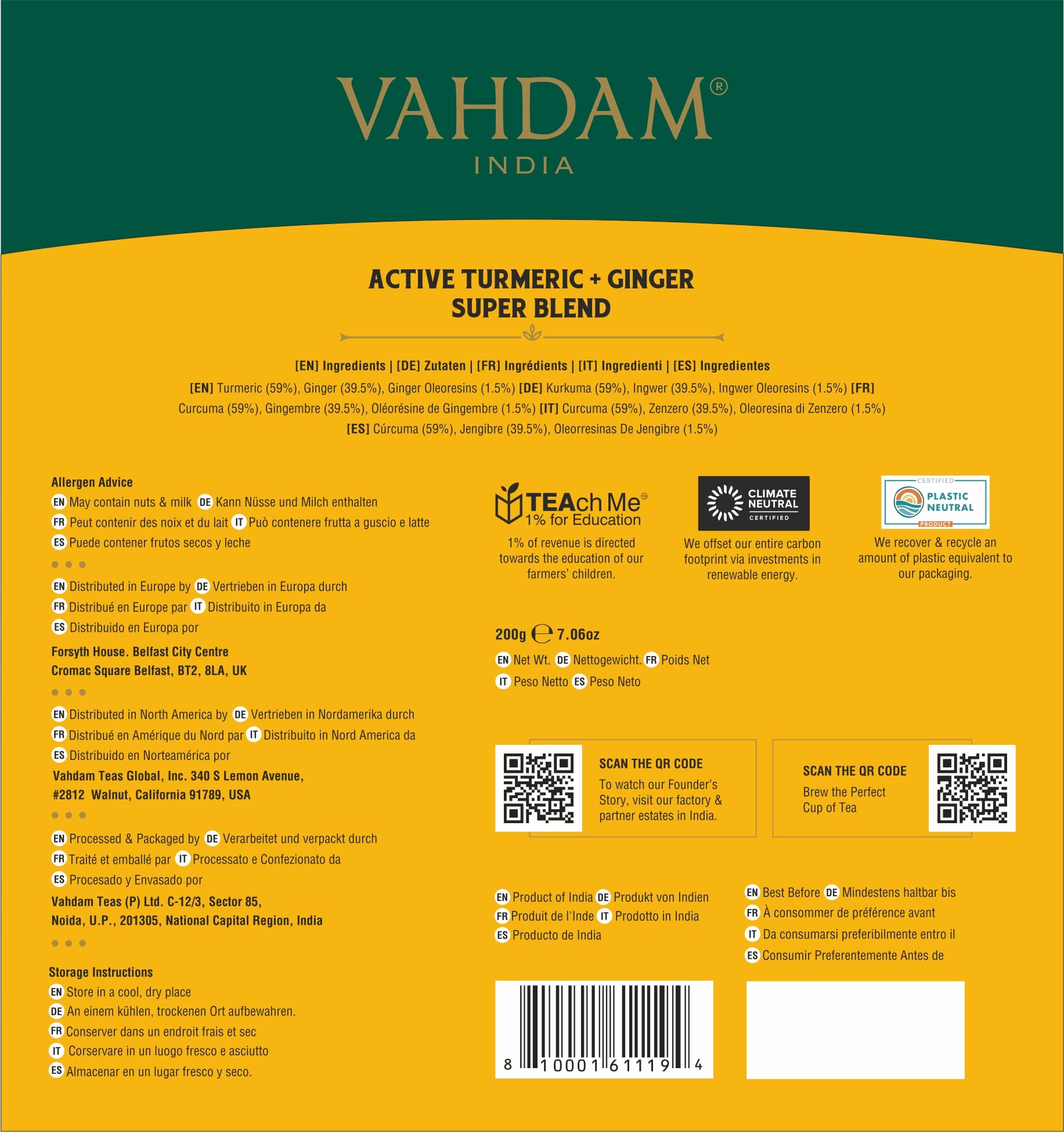 VAHDAM, Turmeric Ginger Herbal Tea Bags (100 Pyramid Tea Bags) Caffeine Free, Non GMO, Gluten Free | 100% Pure Herbal Blend - Savory & Spicy | Plant-Based Tea Bags | Resealable Ziplock Pouch