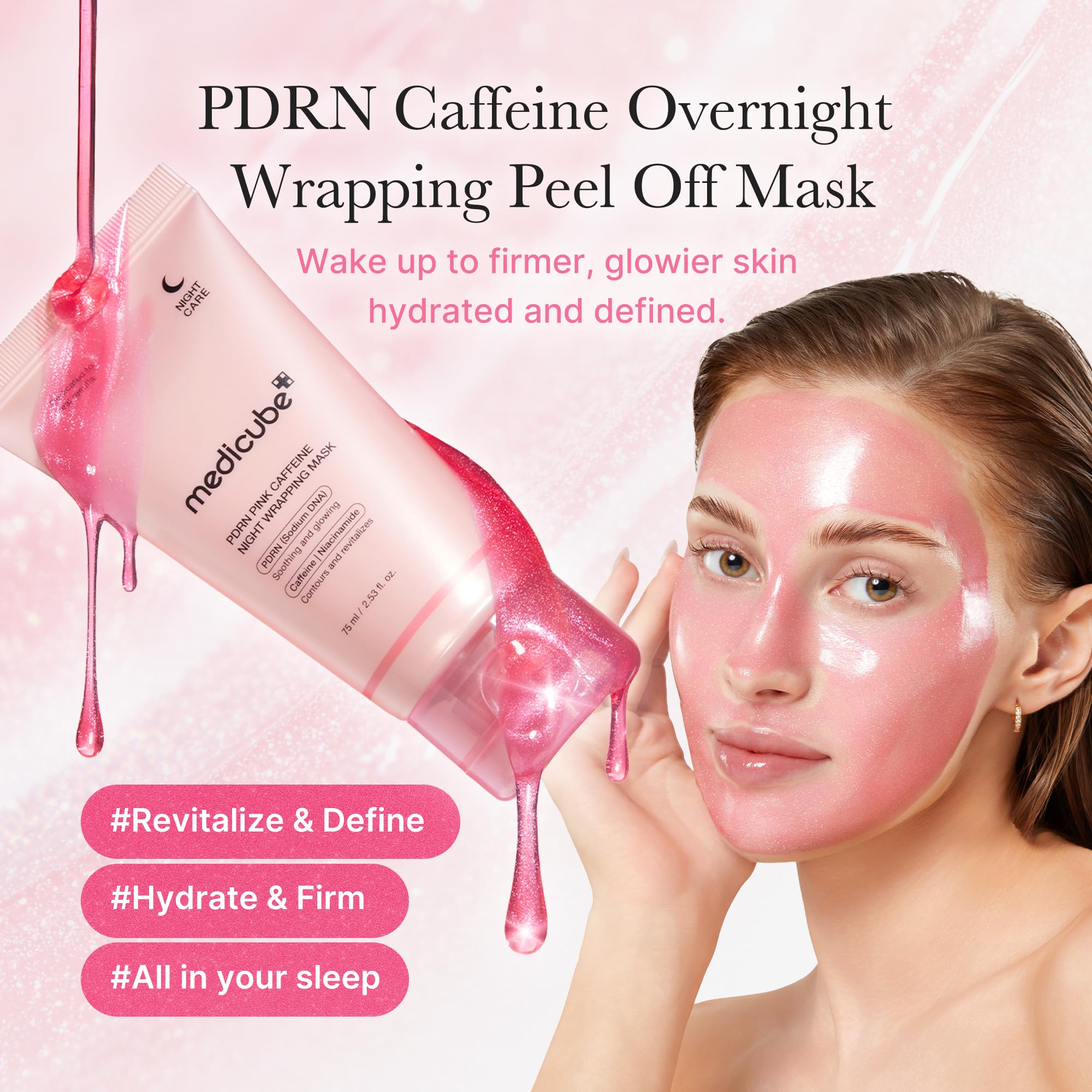 medicube Pink Glow Wrapping Mask Duo: Collagen Overnight Wrapping Peel Off Facial Mask Pack and PDRN Caffeine Overnight Wrapping Peel Off Facial Mask and brush