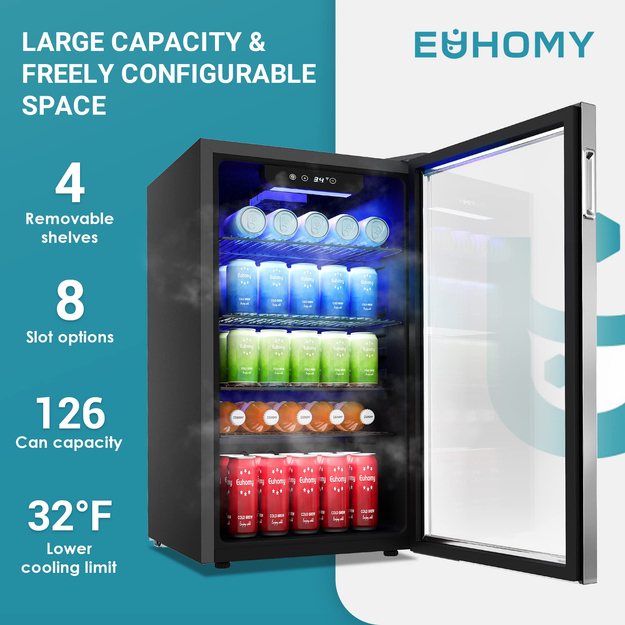 EUHOMY Beverage Refrigerator Cooler, 125 Can Mini Fridge with Glass Door for Soda Beer or Wine, Beverage Cooler for Home, Office, Bar with Adjustable Removable Shelves, Silver