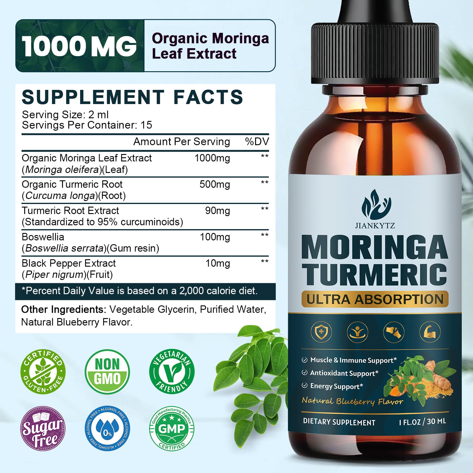 (2 Pack) Organic Moringa Leaf Extract Liquid Drops for Women and Men - Energy, Antioxidant, Skin, Immune Support, Pure Moringa Oleifera Leaf Extract with Turmeric, Boswellia, Black Pepper - 1 Fl Oz