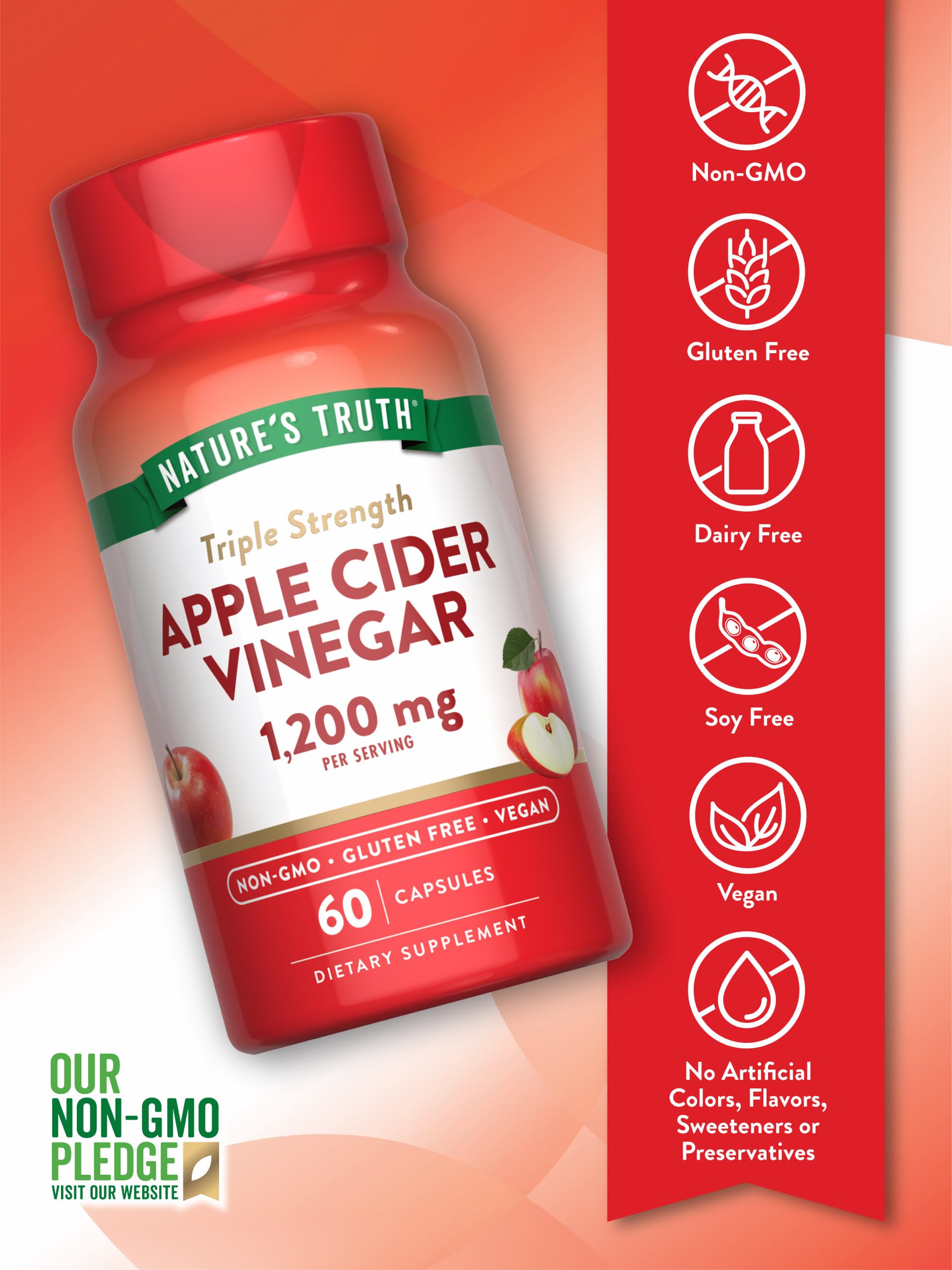 Nature's Truth Apple Cider Vinegar Vegan Capsules | 1200mg | 60 Veggie Pills | Extra Strength | Vegan, Non-GMO and Gluten Free Supplement