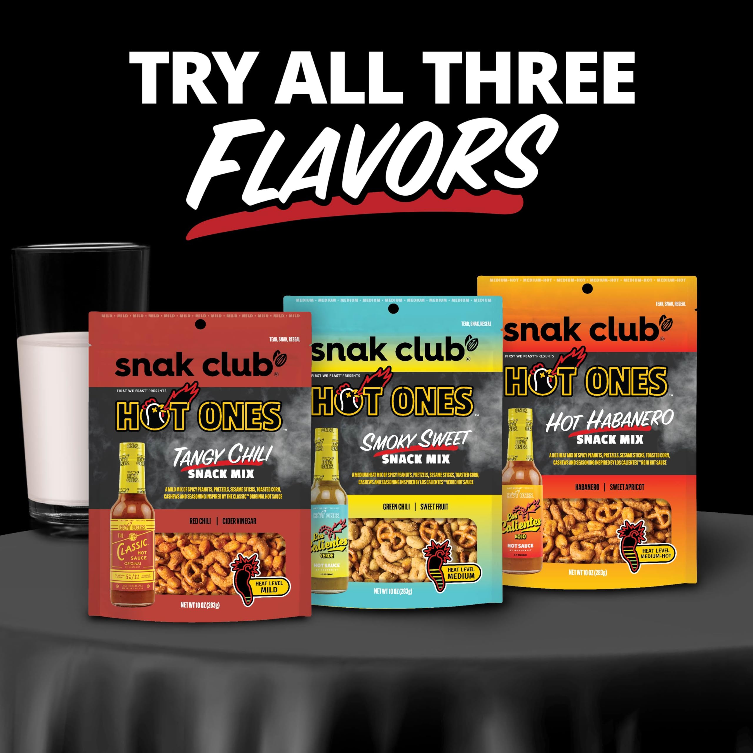 Snak Club x Hot Ones Hot Habanero Snack Mix, Spicy Snacks with Peanuts, Pretzels, Sesame Sticks, Toasted Corn & Cashews, Inspired by Hot Ones Hot Sauce, 2 oz Bag (12 Count)