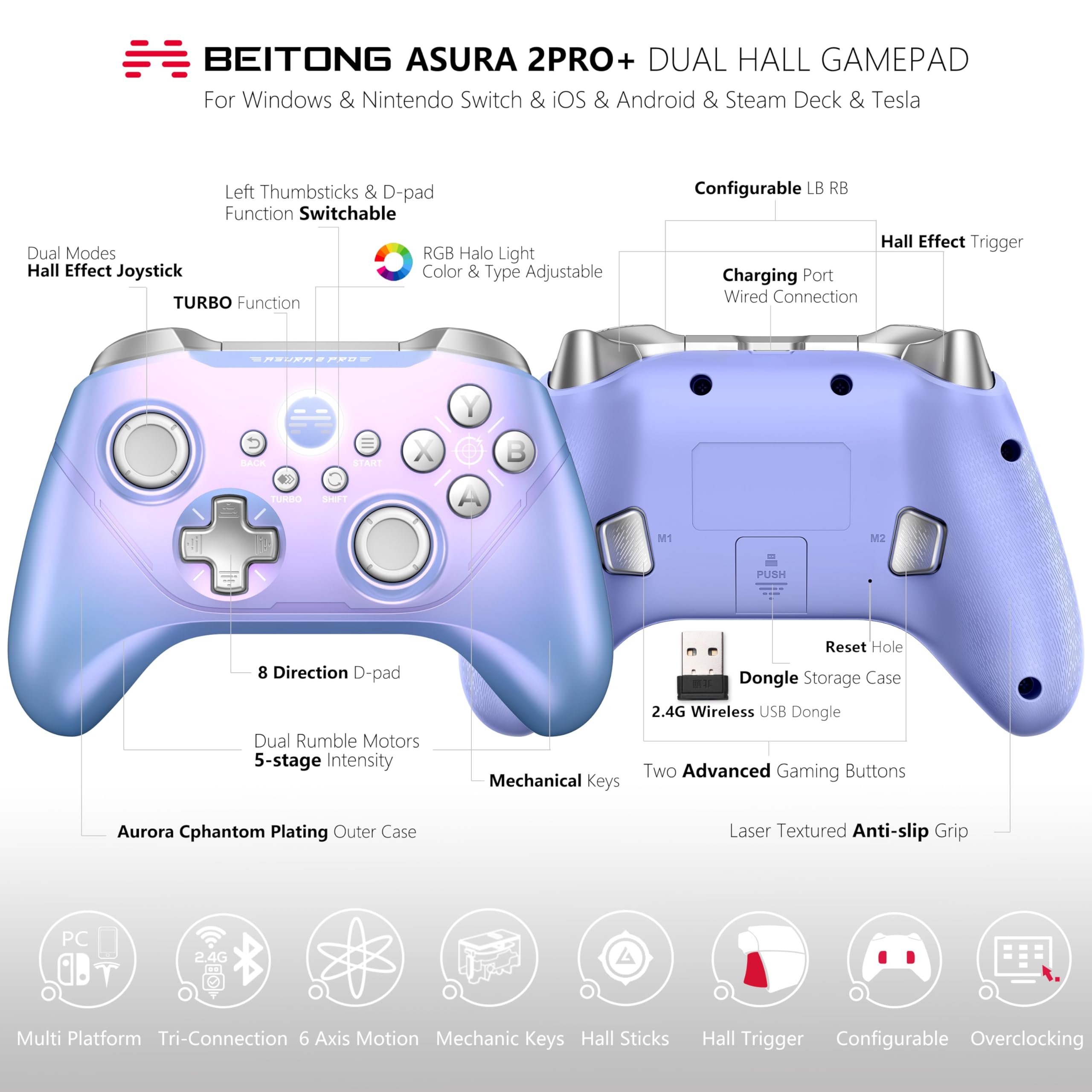 BEITONG Asura 2Pro Plus PC Controller No Drift Hall Effect Joystick Wireless Gamepad For Switch Tesla Mobile Gaming,6 Axis Motion Control/Mechanical Key/Macro Nebulae