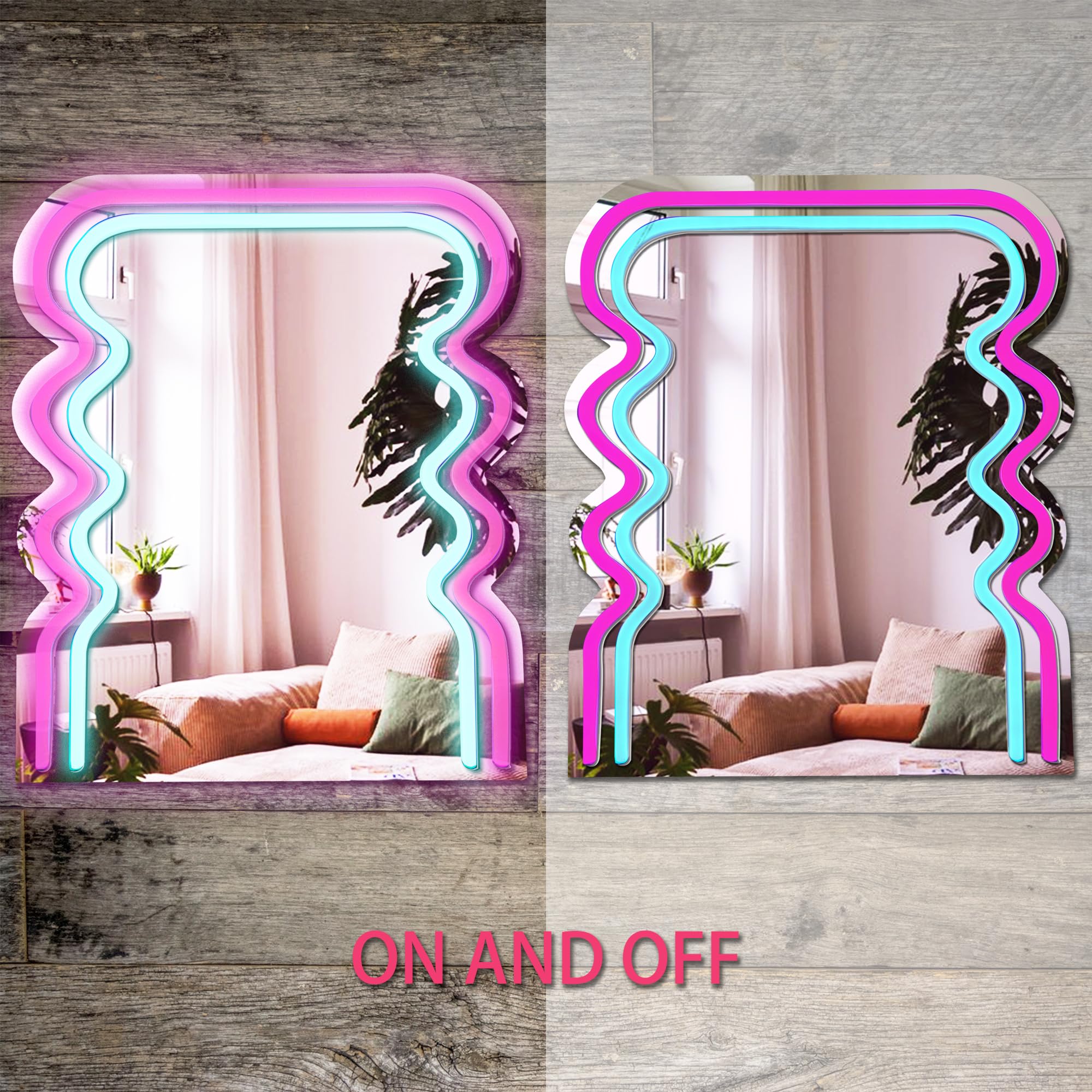 Archway Wave Neon Sign Mirror for Wall Decor, Powered by USB, 3D Art Neon Light, Pink and Blue, 13"x11" inch, LED Light Wall Mirror，Makeup Mirror with Lights for Women Gift