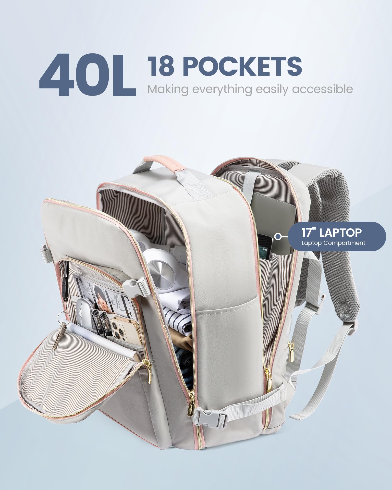 LOVEVOOK Travel Backpack for Women & Men 40L,Airline Approved Carry On Backpack Travel Essentials,TSA Carry on Luggage,Waterproof Personal Item Travel Bag,Suitcase with 3 Packing Cubes,Light gray-Pink