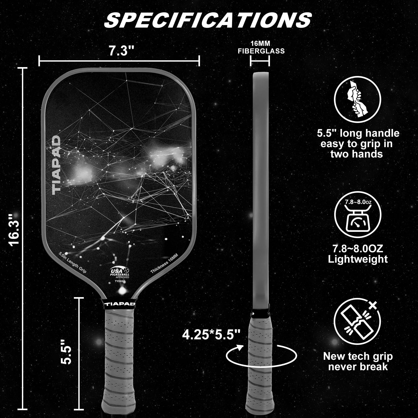 TIAPAD Pickleball Paddles Set of 2/4, USAPA Approved, Foam Molding 5.5" Long Handle, Lightweight, Fiberglass 16mm, Textured Surface, Elongated Pickle Ball Rackets 2 Pack for Beginner