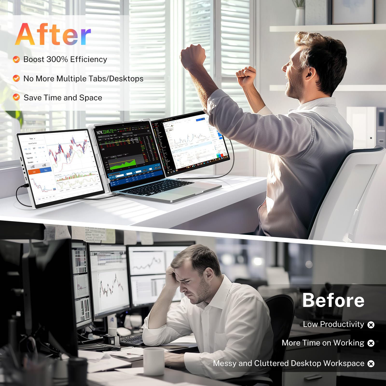 Fzaqwen Triple Screen Laptop Monitor Extender - 2.5K QHD IPS Triple Portable Monitor for Laptop 13.3-17 Inch, Plug Play and Compatible with MacOS/Wins/Chrome/Dex (Silver)