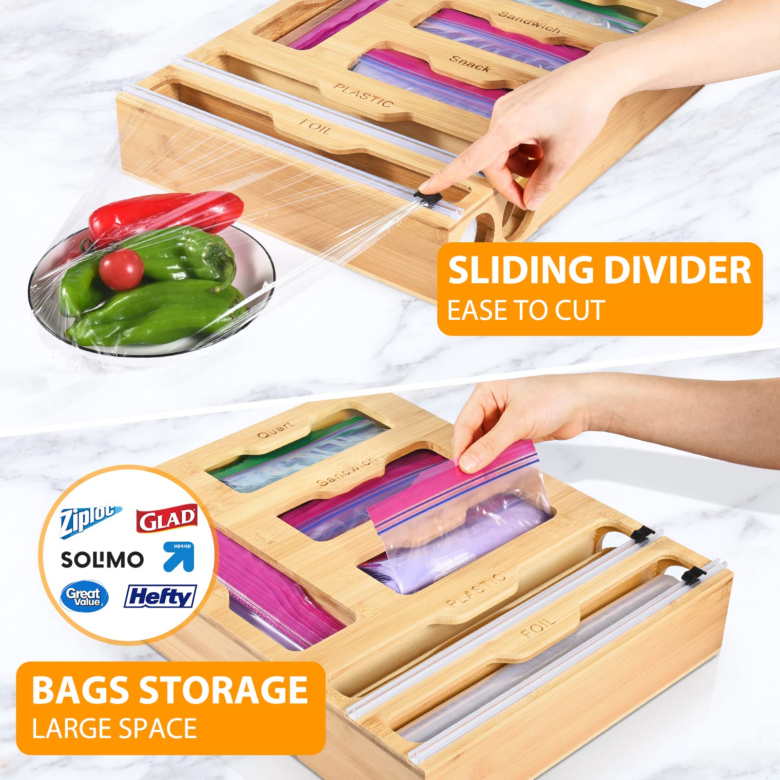 INHOTBY Foil and Plastic Wrap Organizer,Bamboo Ziplock Bag Organizer,6 in 1 Aluminum Foil Dispenser with Cutter,Tin Foil Baggie Organizer for Drawer,Kitchen containters Organization and Storage