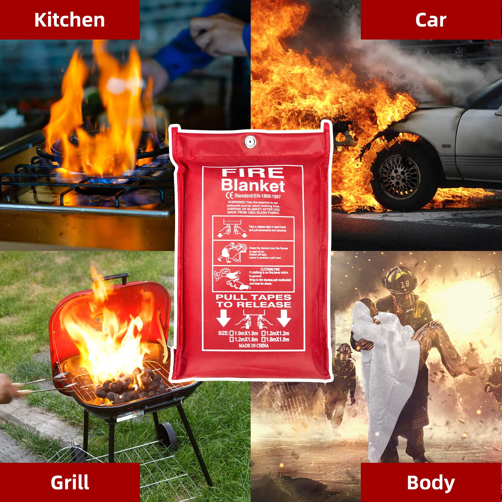 Emergency Fire Blanket (4 Pack, 40 in X 40 in) + 4 Hooks &1 Gloves, Fiberglass Fireproof Fire Blanket for Home and Kitchen, Camping, Grill, Car, Warehouse