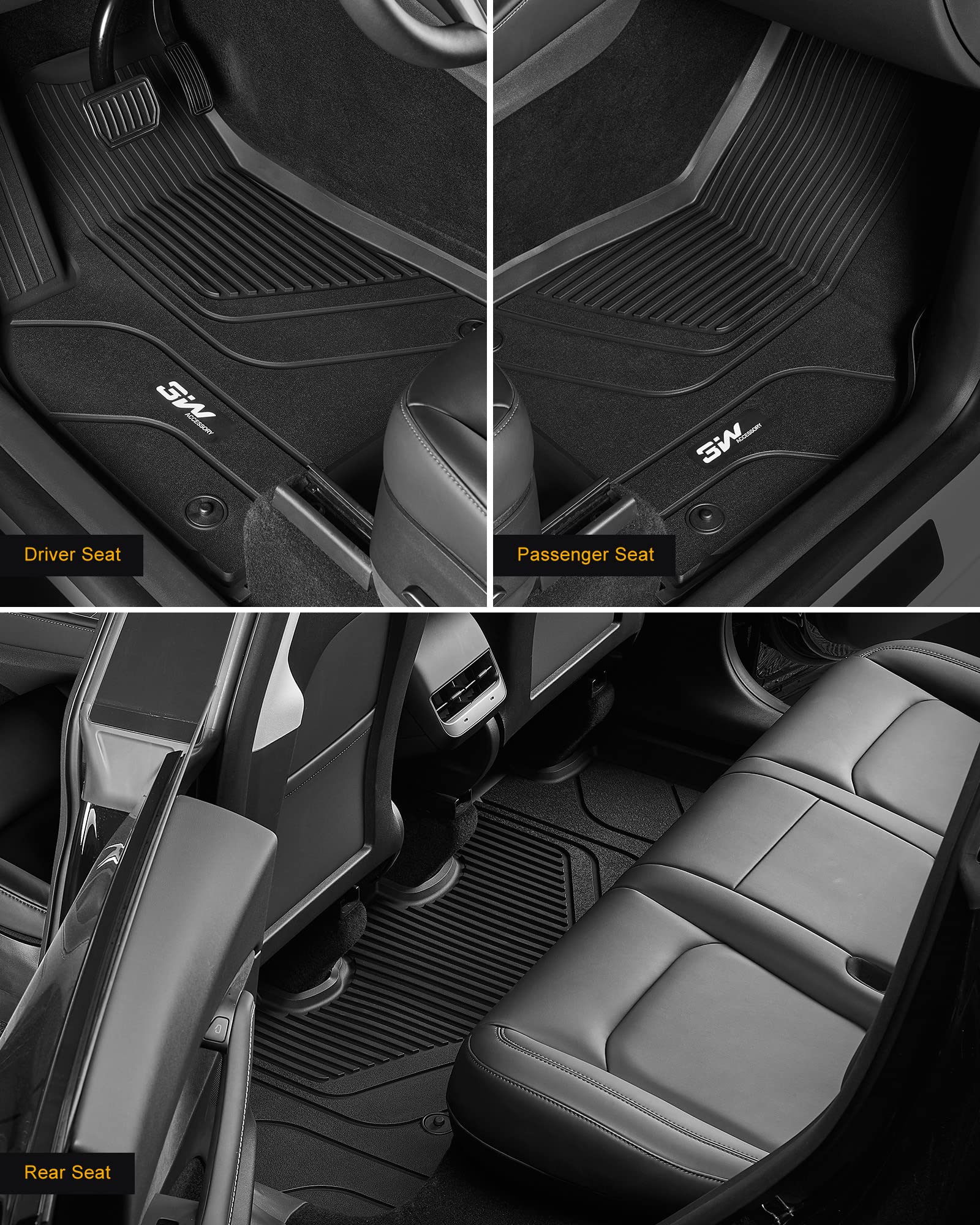 3W Tesla Model Y Floor Mats, All-Weather TPE Floor Liner Compatible for Tesla Model Y 2020-2024, Full Set Black Floor Mats and Cargo Liner Mat Accseeories Custom Fit for Tesla 5-Seater