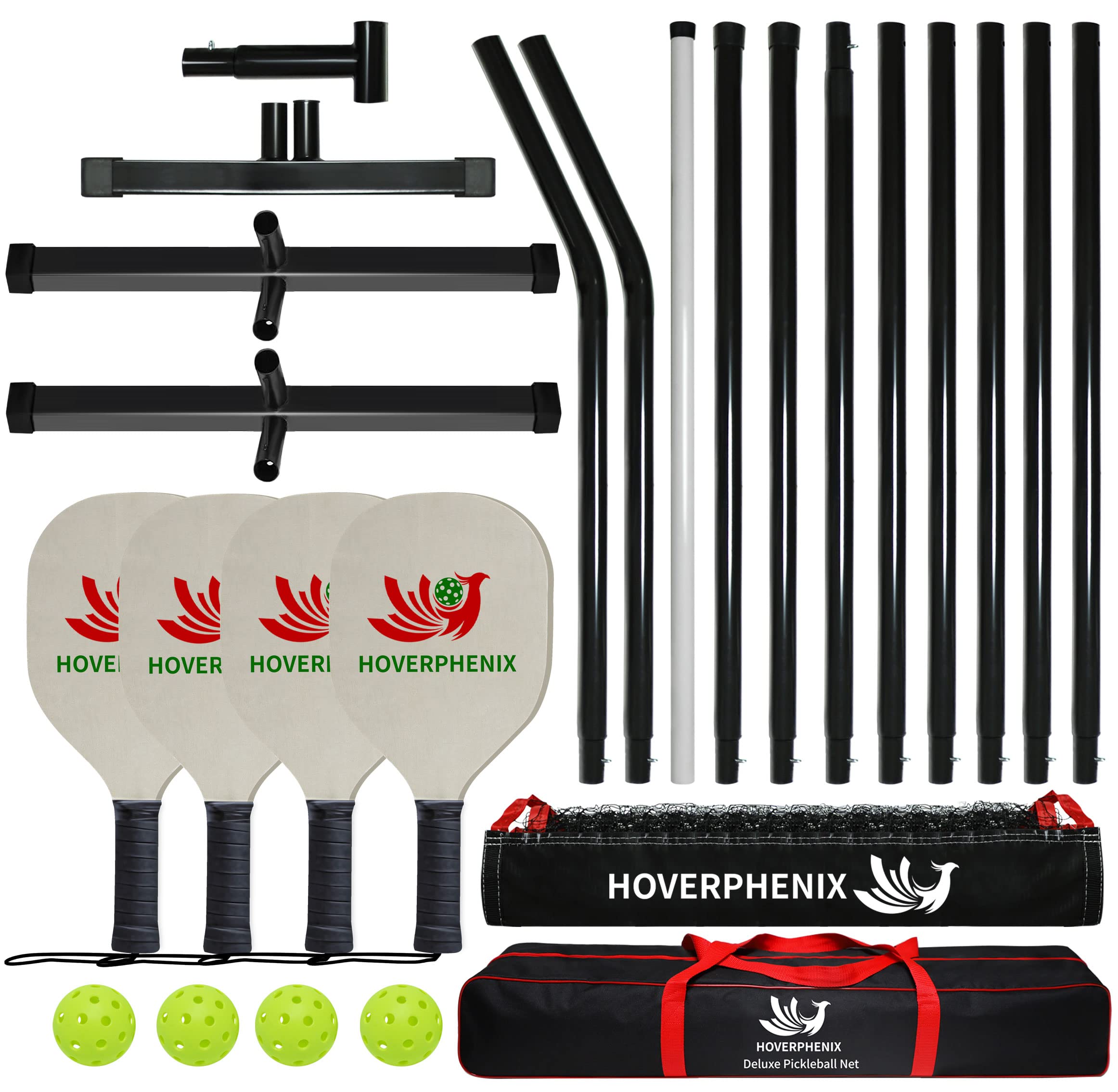 Hoverphenix Driveway Portable Pickleball Set with Paddles, Balls, Carry Bag, and Weather Resistant Net System