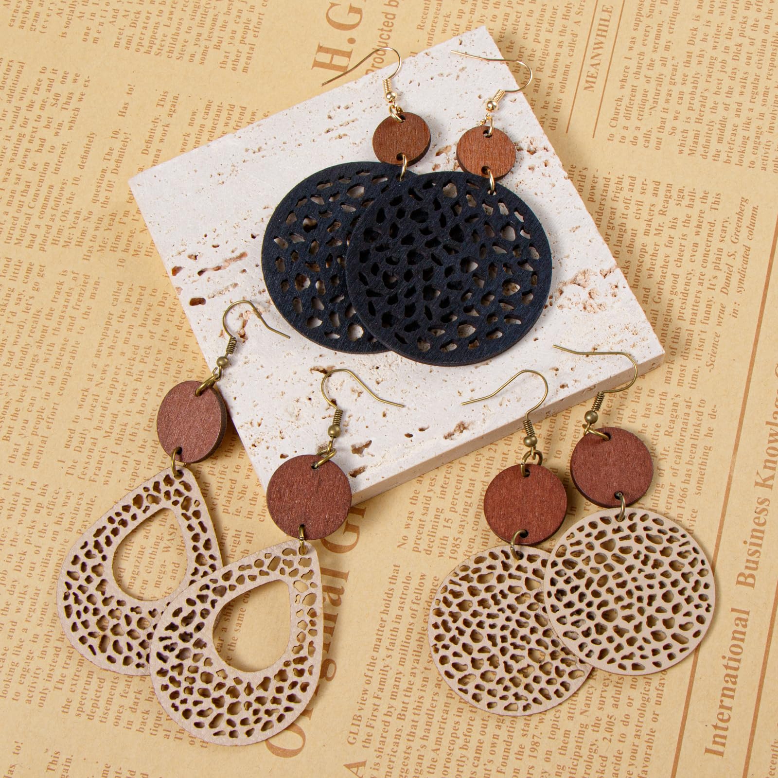 6 Pairs Boho Earrings Vintage Wooden Geometric Leather Earrings Flower Earrings Handmade Big Bohemian Trendy Earrings for Women