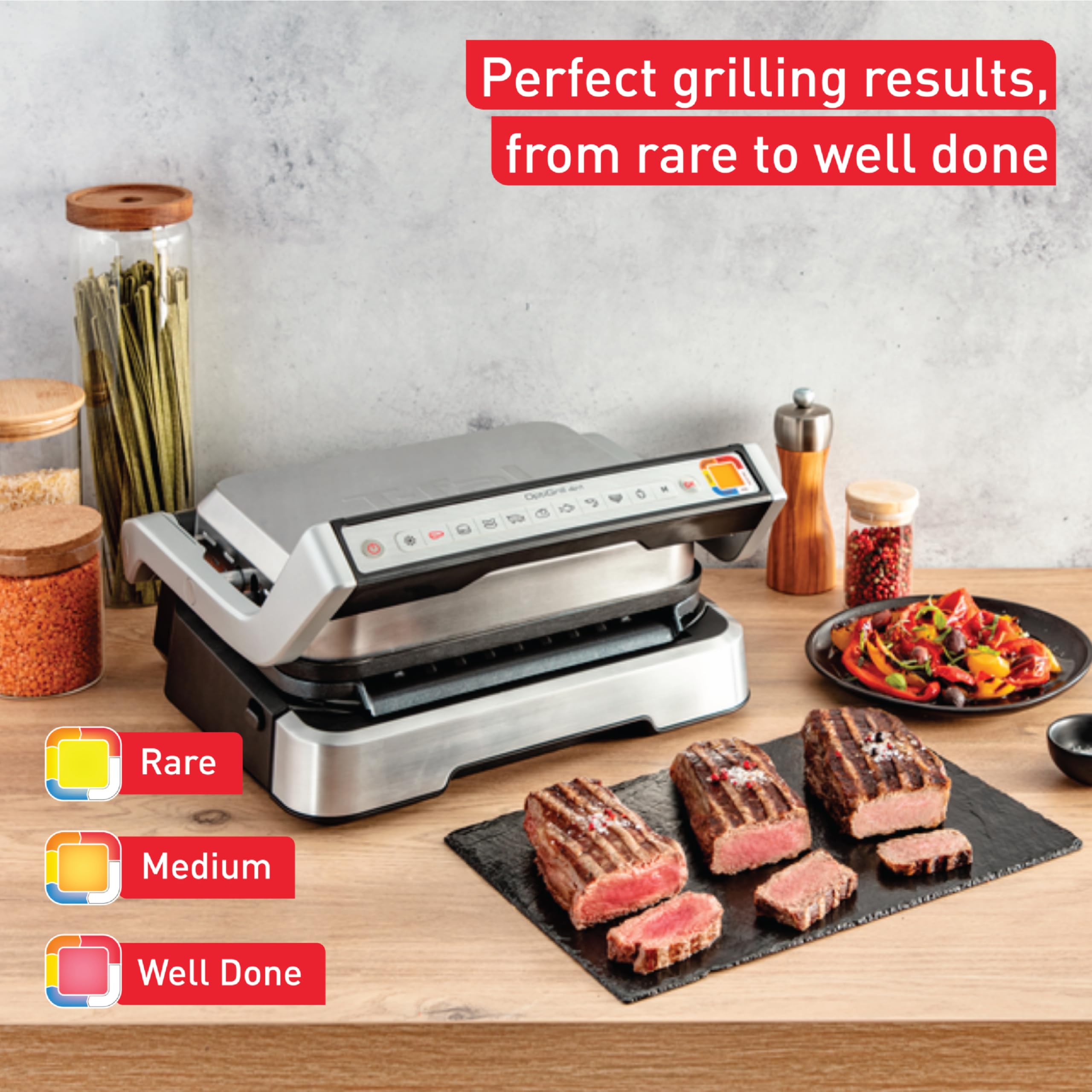 T-fal, Electric Grill Indoor, OptiGrill 4in1, Stainless Steel, 9 Automatic Cooking Modes, Intelligent Grilling, 1800 Watts, Nonstick Removable Plates, Dishwasher Safe, Panini Press Sandwich Maker