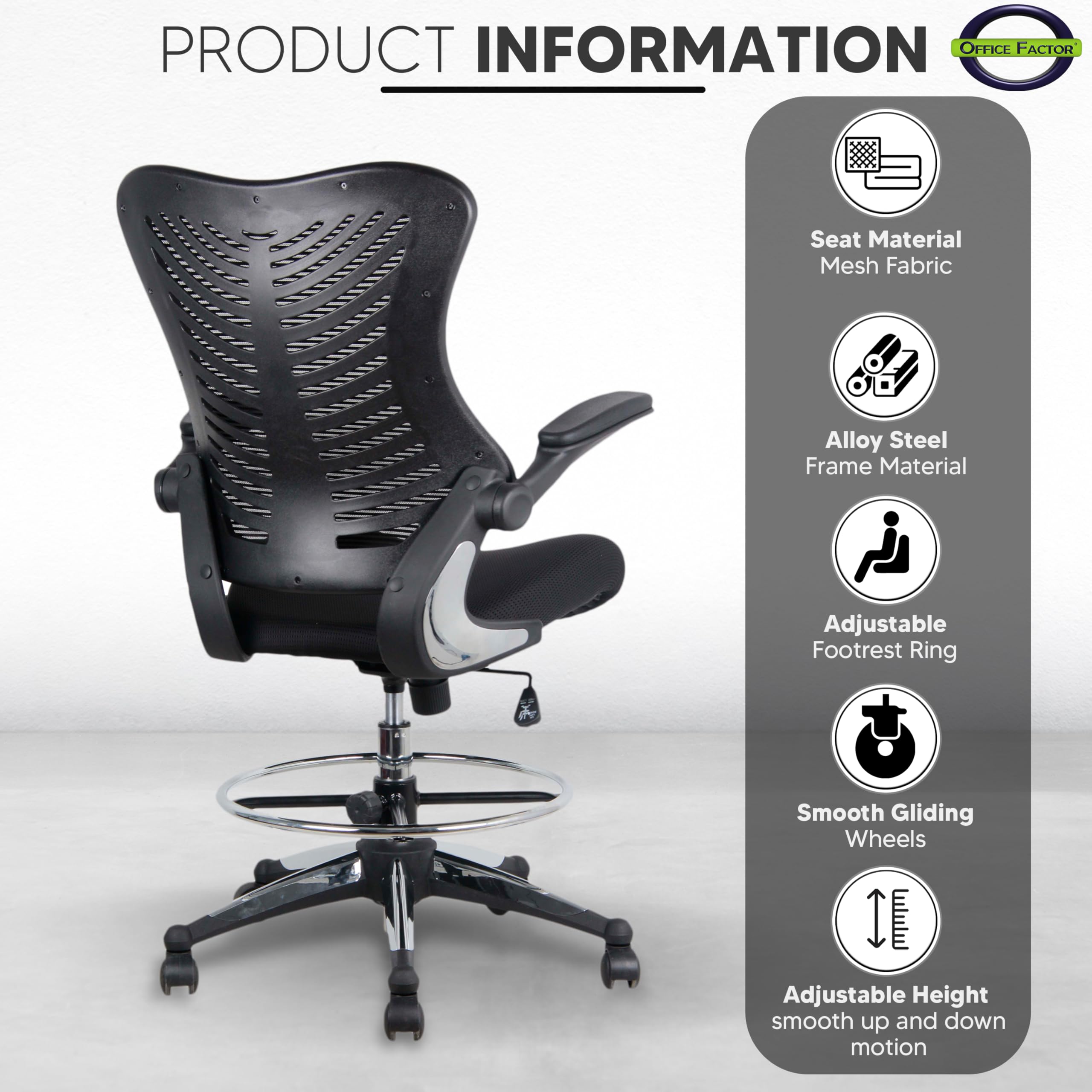 OfficeFactor Ergonomic Drafting Chair Tall Office Chair Standing Desk Chair Flip up Armrests Molded Foam Seat with Adjustable Footrest Ring Lumbar Support (Black MESH Fabric)